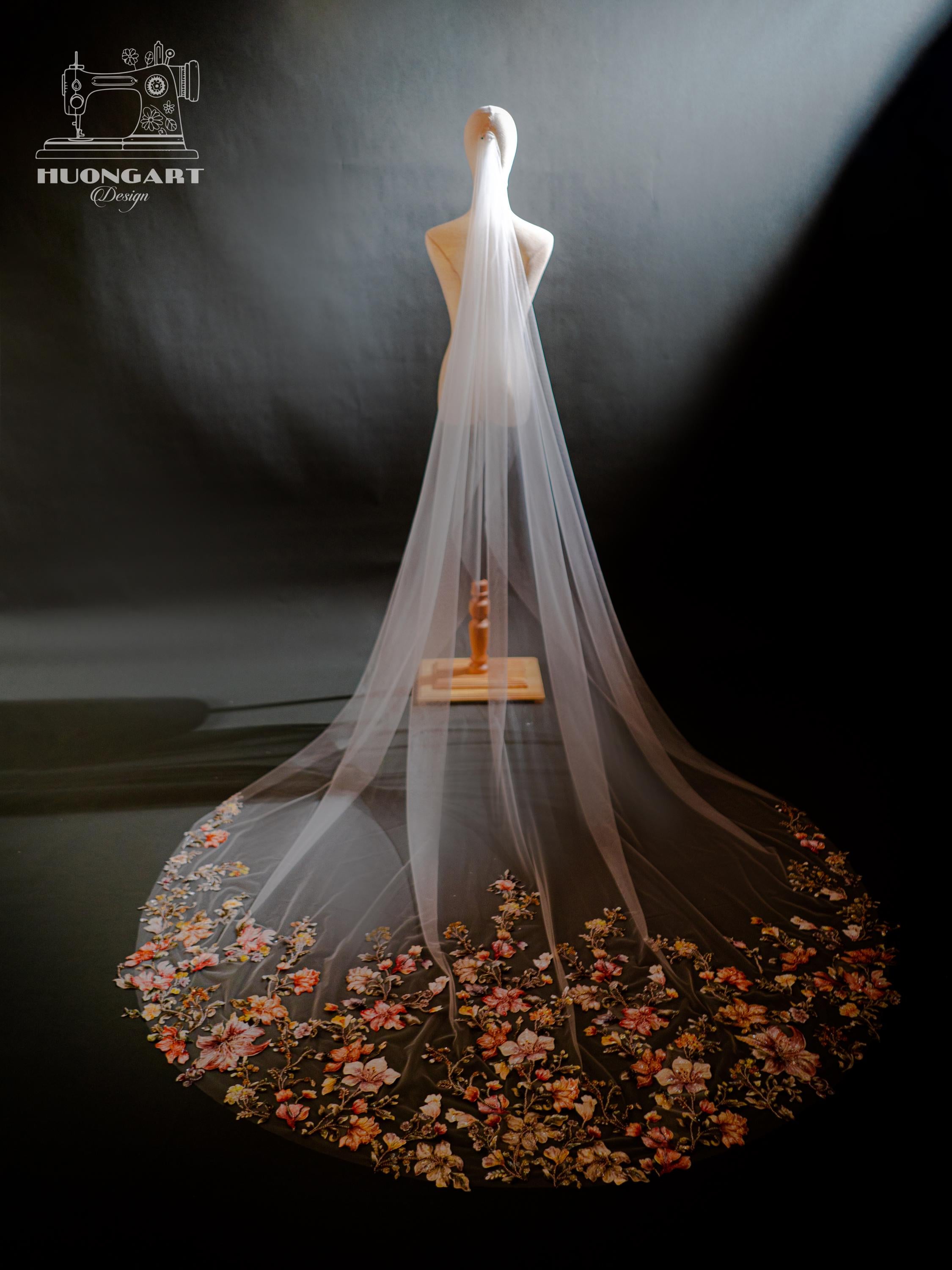 3D Floral & Beaded Cathedral Wedding Veil – Colorful Botanical