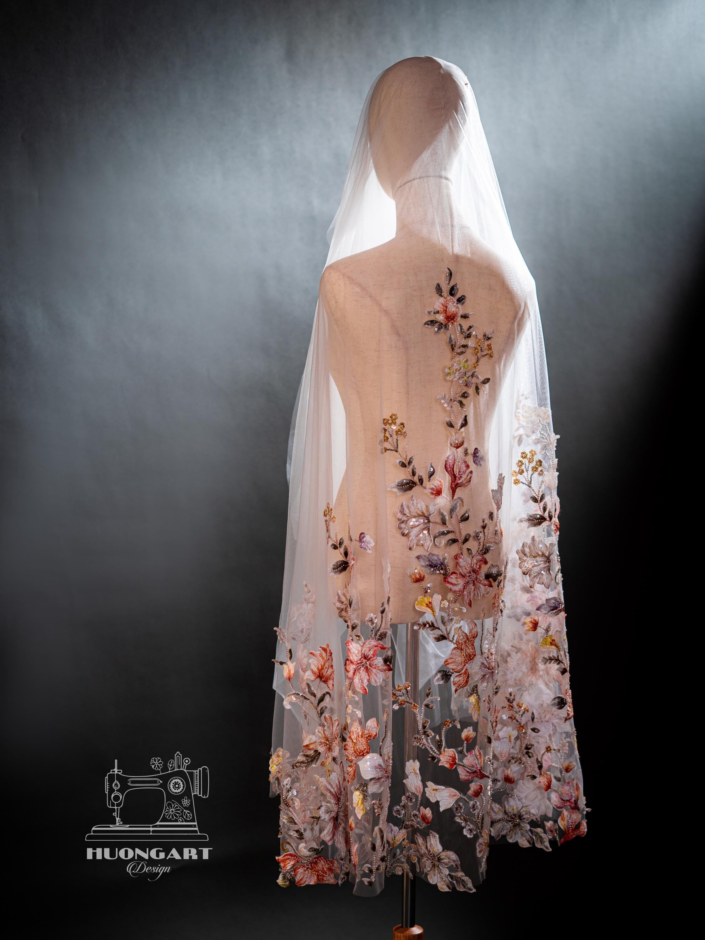 3D Floral & Beaded Cathedral Wedding Veil – Colorful Botanical