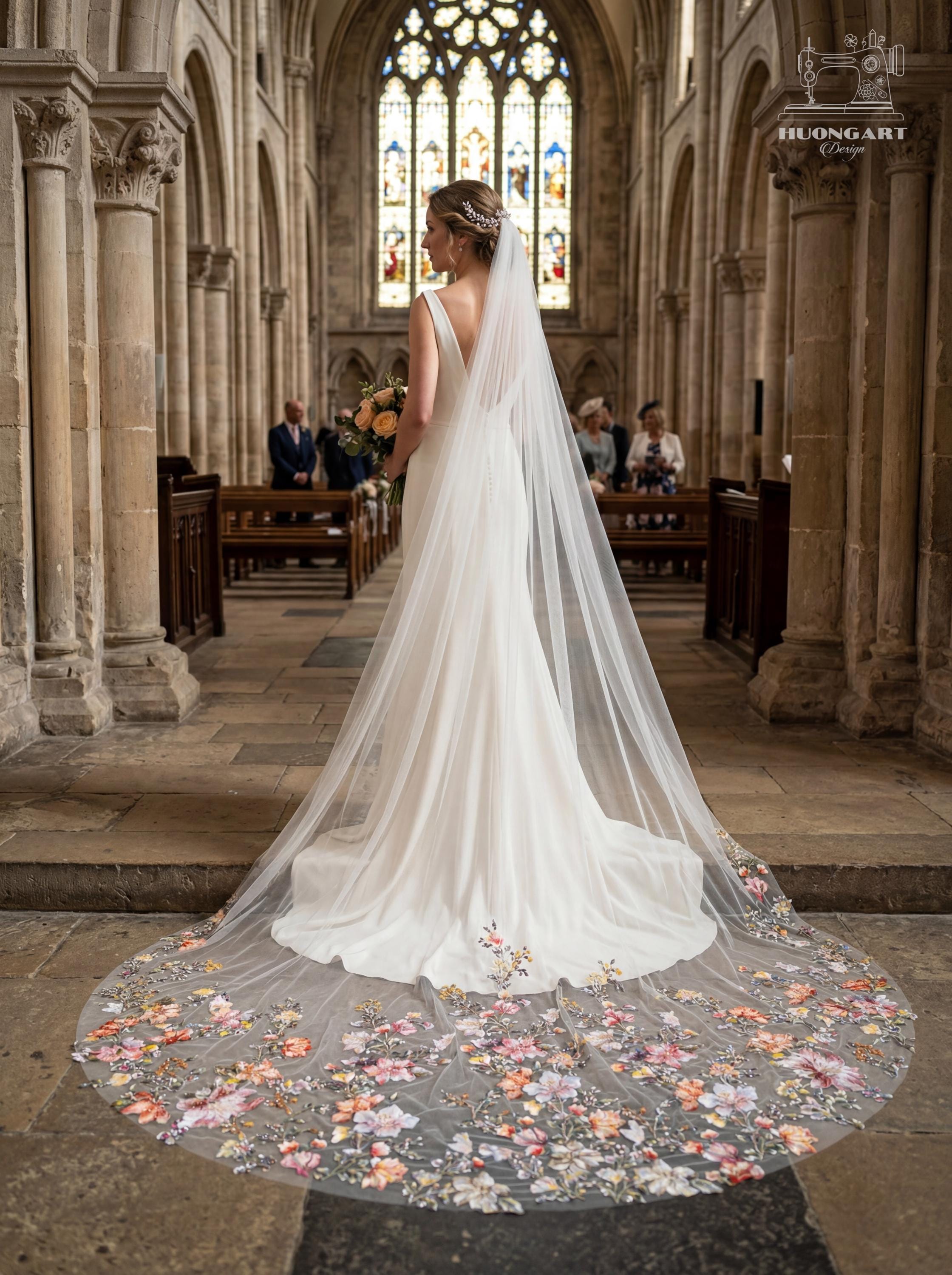 3D Floral & Beaded Cathedral Wedding Veil – Colorful Botanical