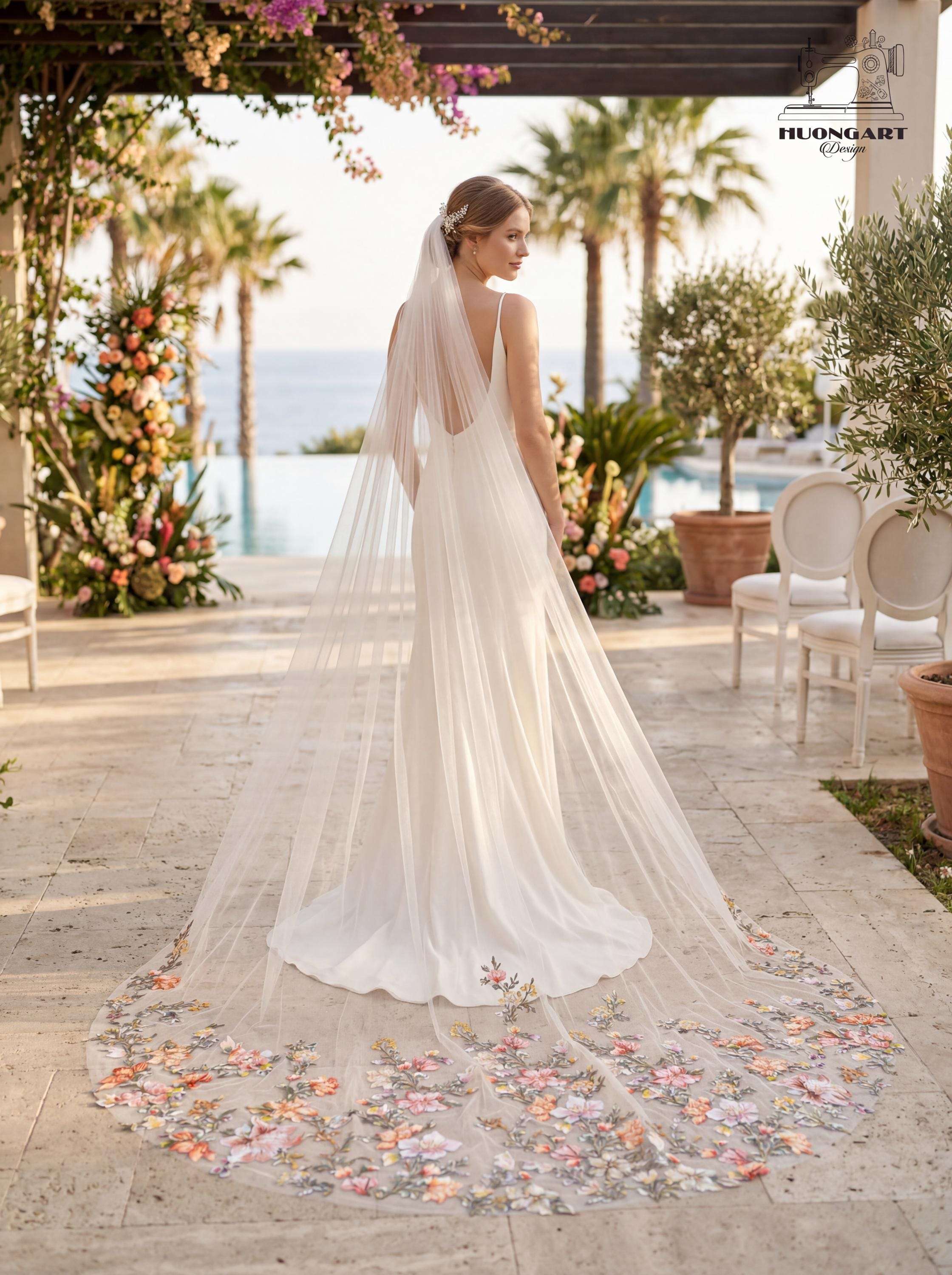3D Floral & Beaded Cathedral Wedding Veil – Colorful Botanical