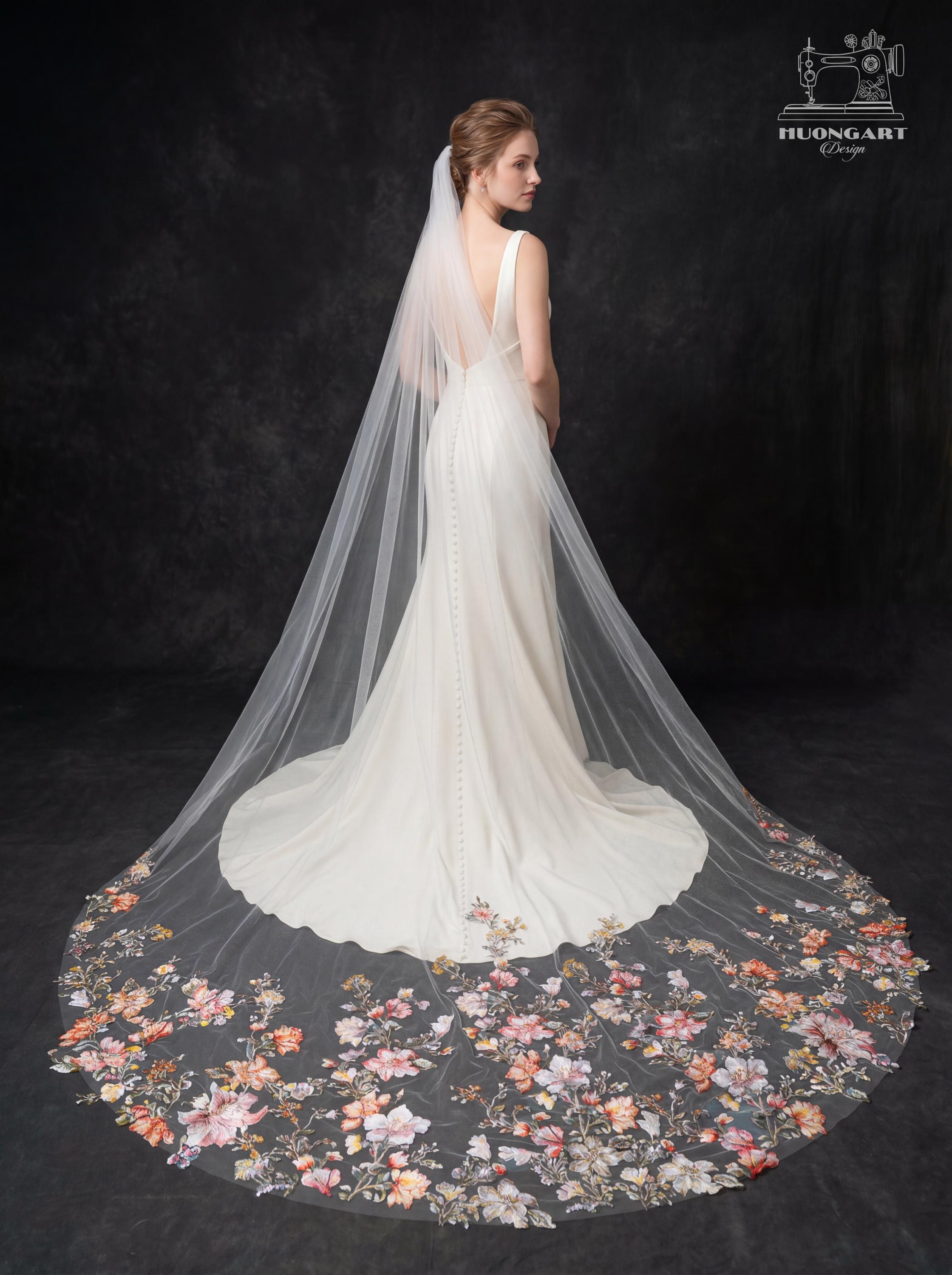 3D Floral & Beaded Cathedral Wedding Veil – Colorful Botanical