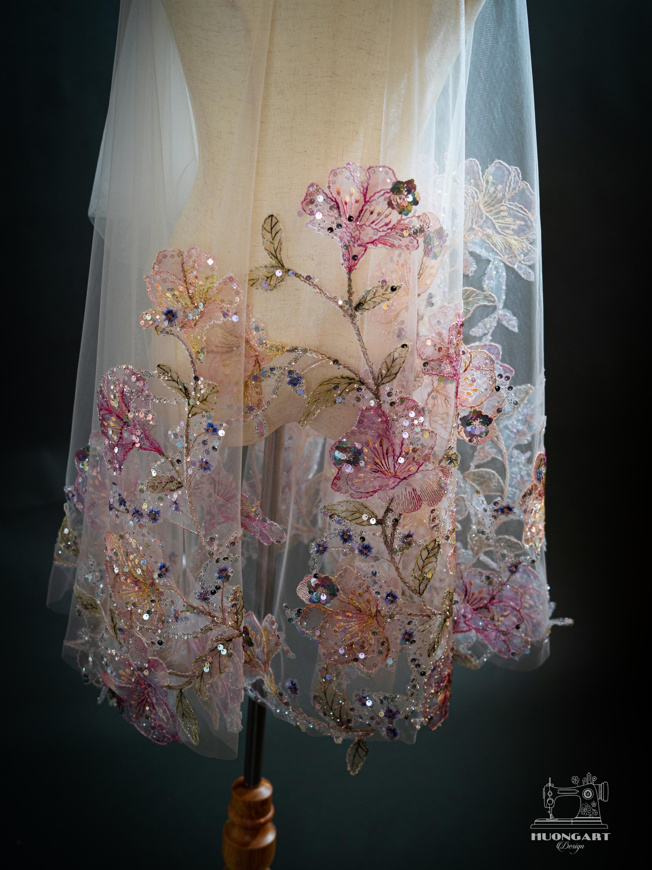 Pastel Floral Embroidered Wedding Veil – Colorful Sequin Cathedral