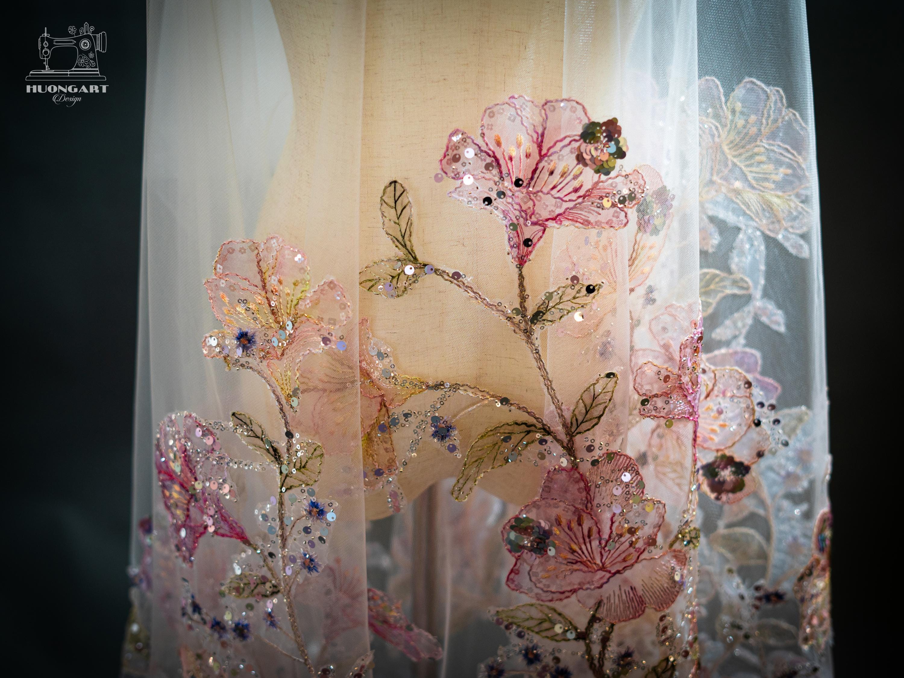 Pastel Floral Embroidered Wedding Veil – Colorful Sequin Cathedral