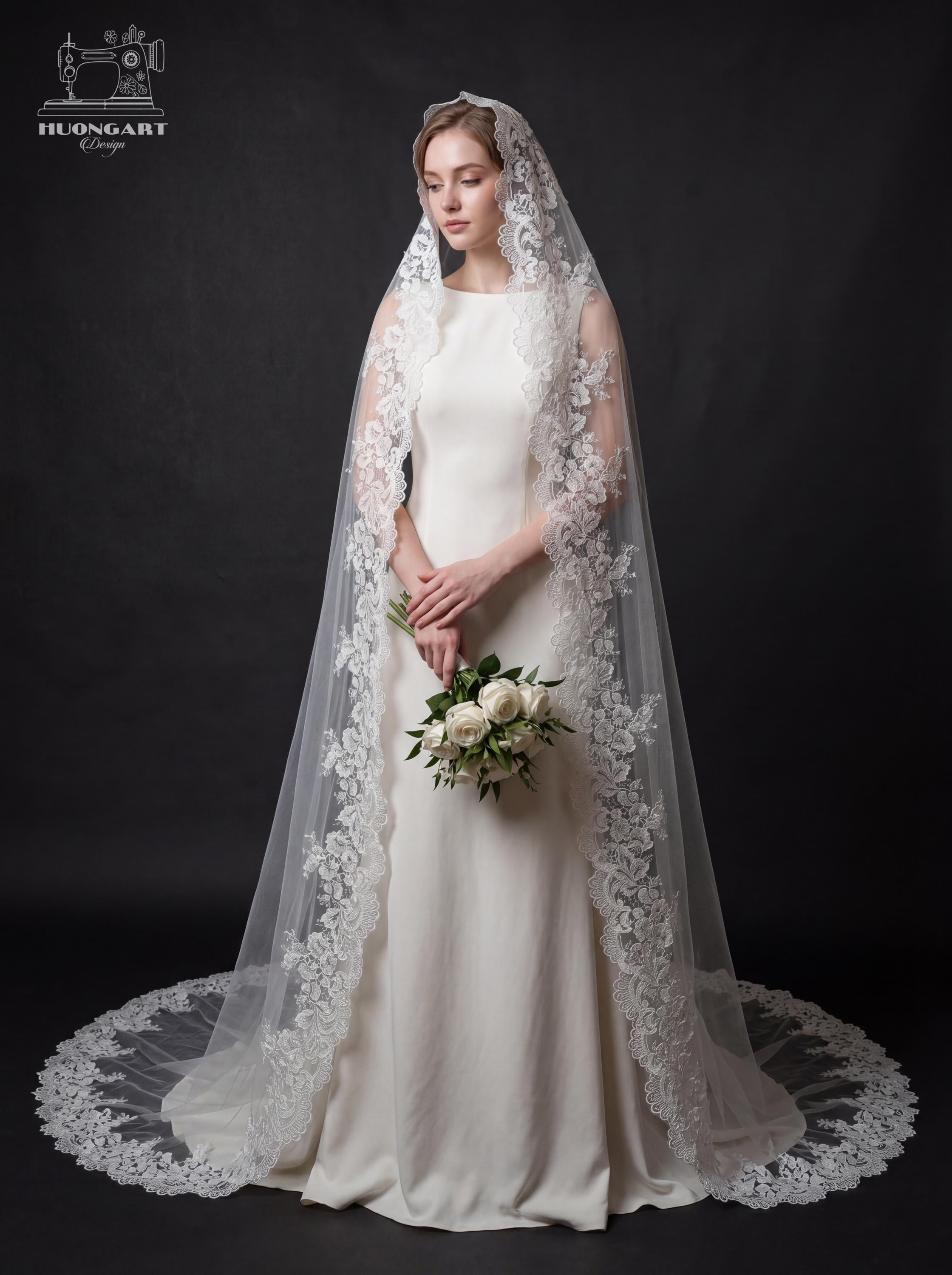 Scalloped Floral Lace Mantilla Bridal Veil | Cathedral Length