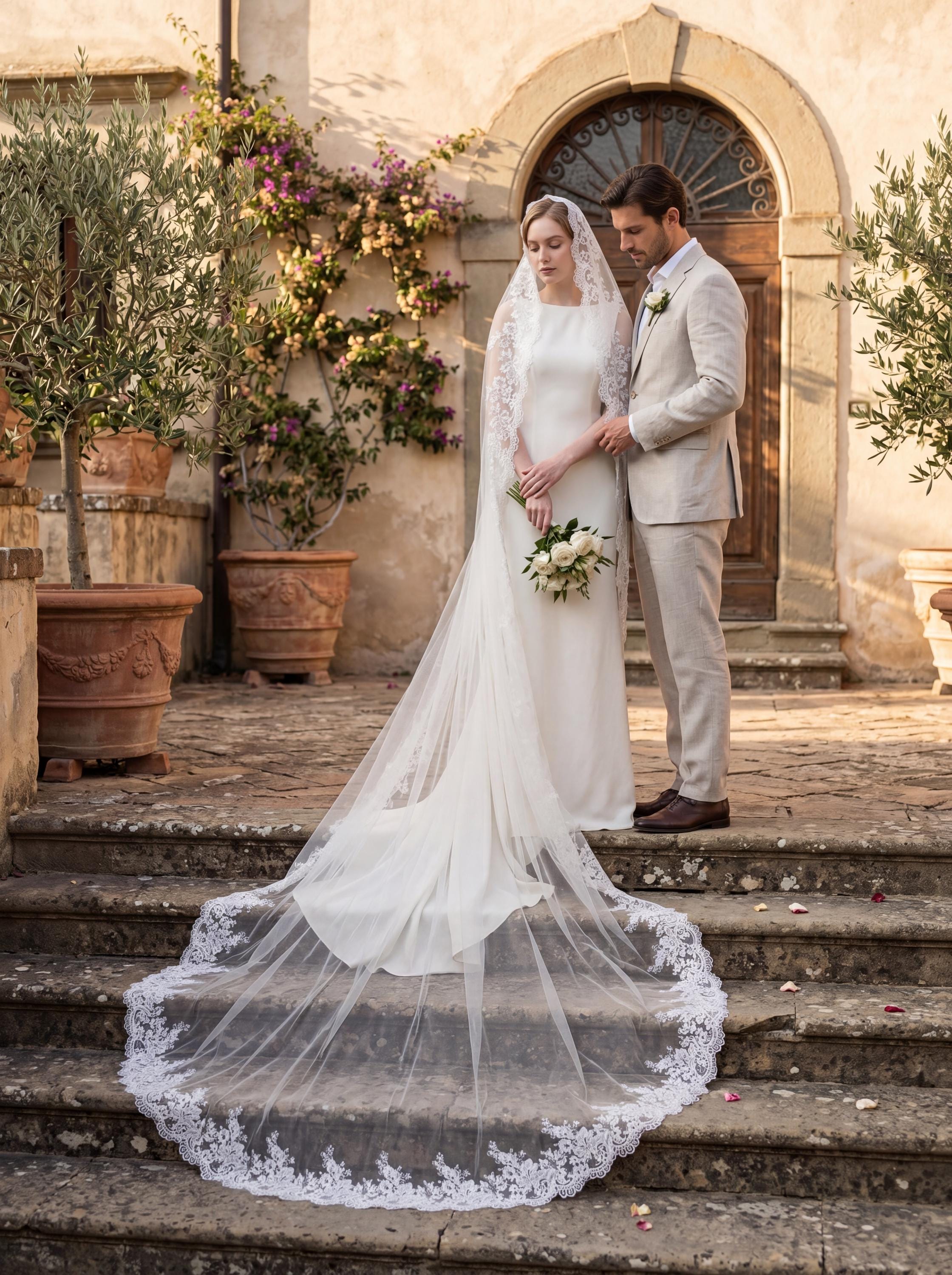 Scalloped Floral Lace Mantilla Bridal Veil | Cathedral Length