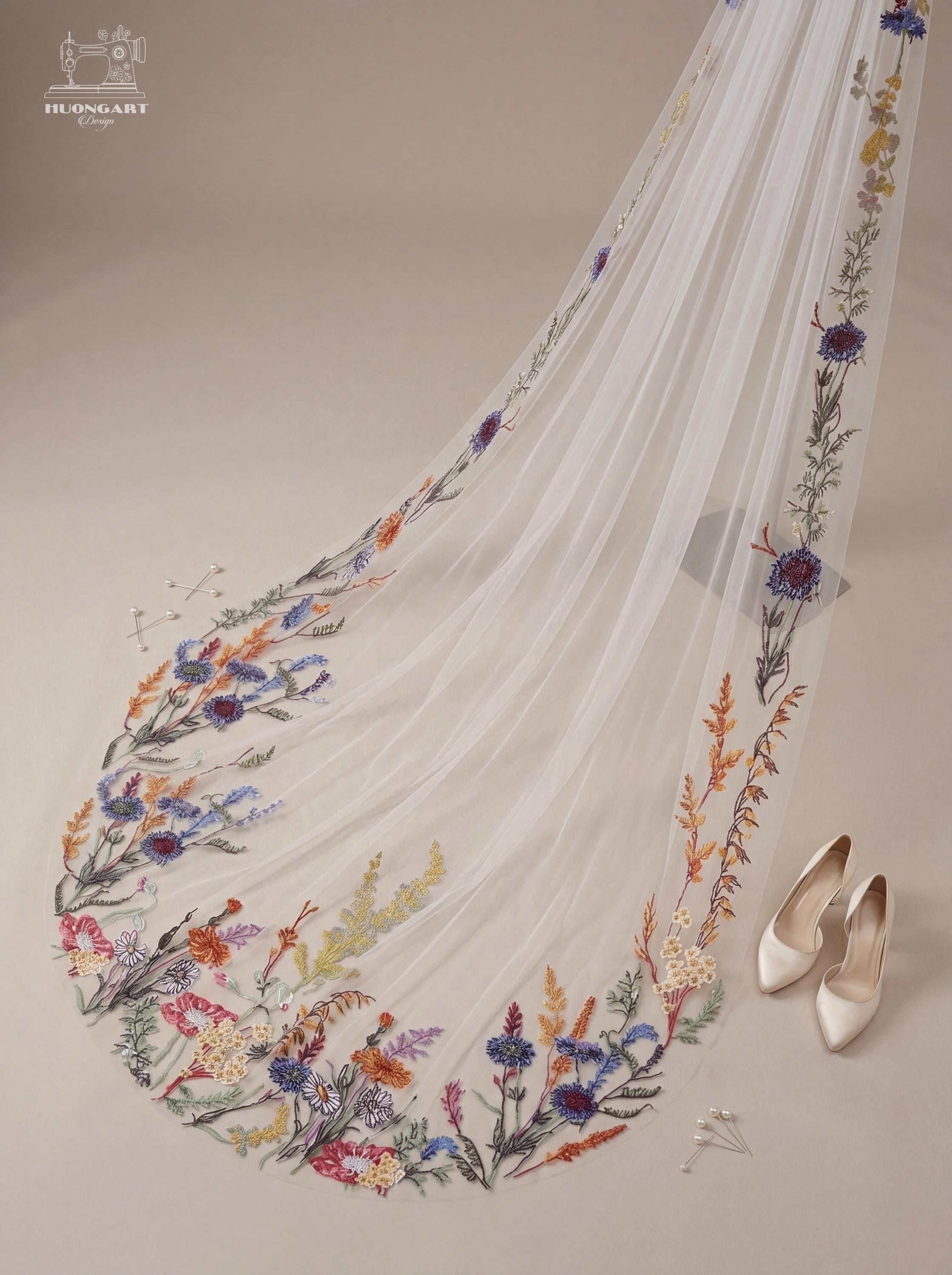 Botanical Meadow Embroidered Bridal Veil | Colorful Wildflower Cathedral