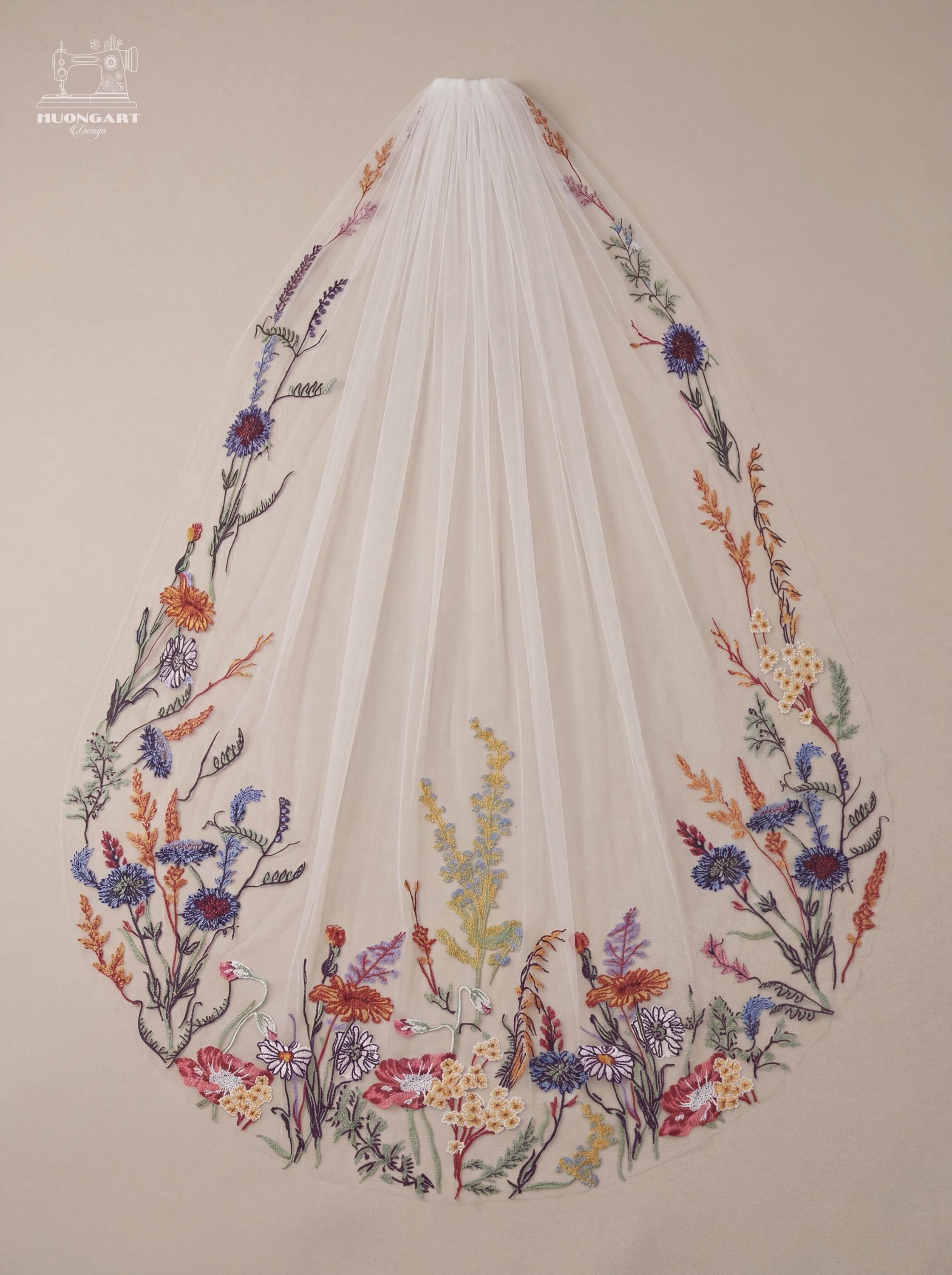 Botanical Meadow Embroidered Bridal Veil | Colorful Wildflower Cathedral
