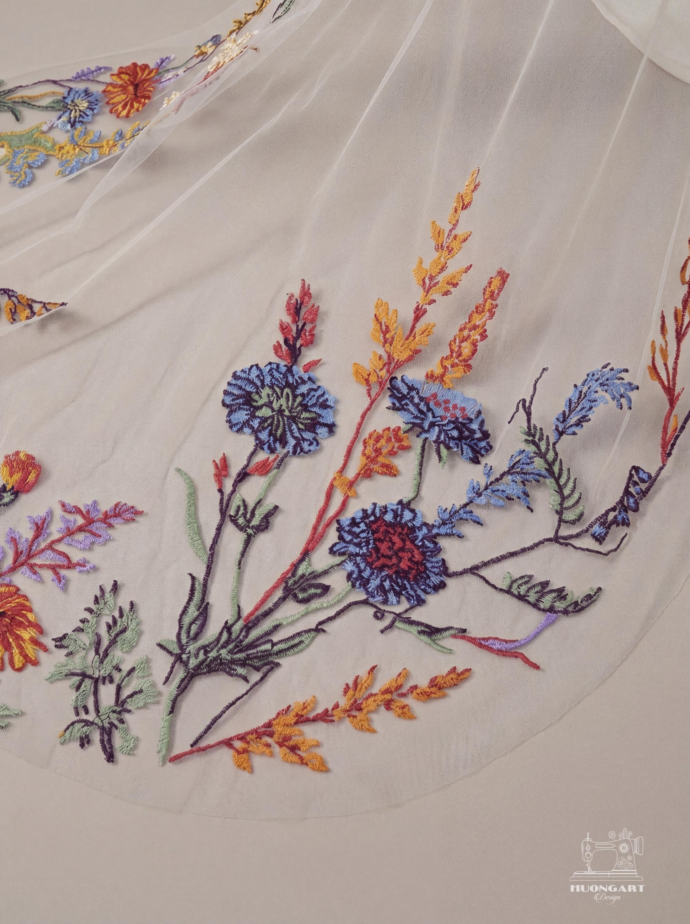 Botanical Meadow Embroidered Bridal Veil | Colorful Wildflower Cathedral