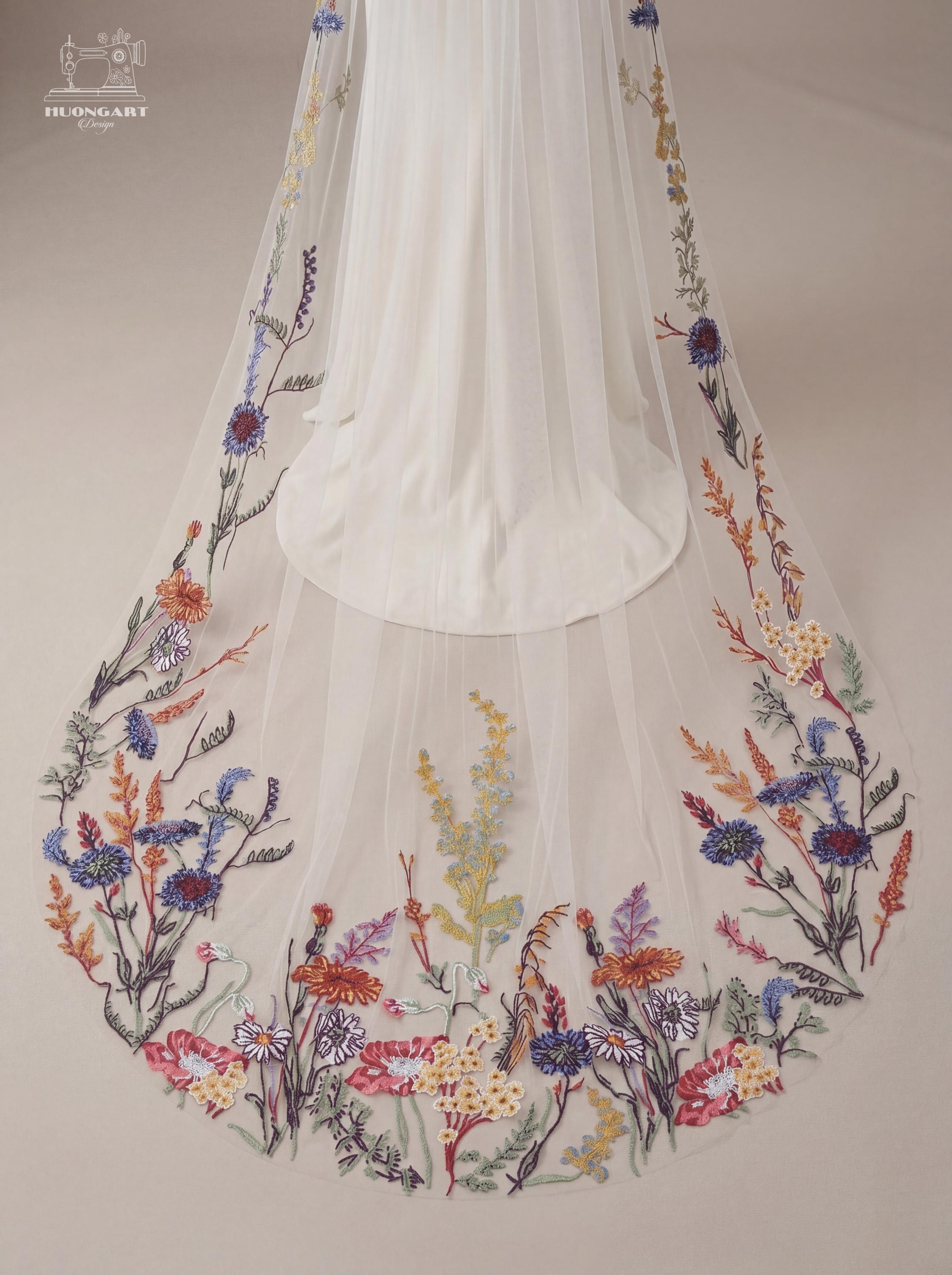 Botanical Meadow Embroidered Bridal Veil | Colorful Wildflower Cathedral