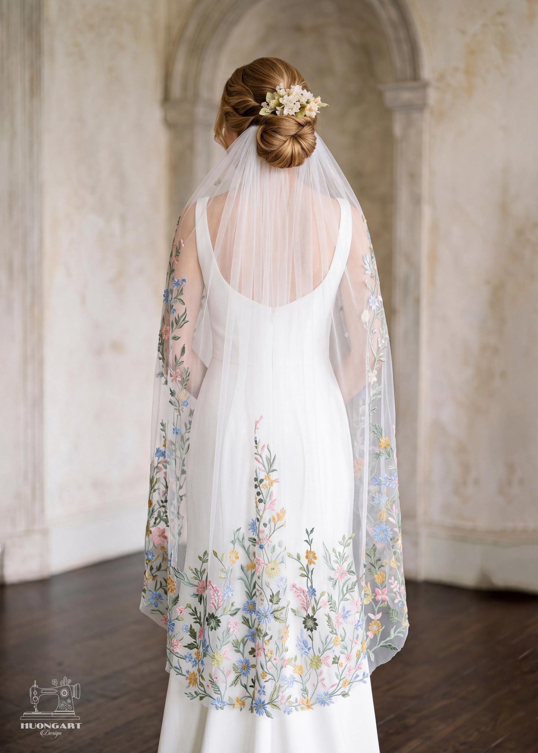 Pastel Wildflower Embroidered Wedding Veil – Something Blue Drop Cut