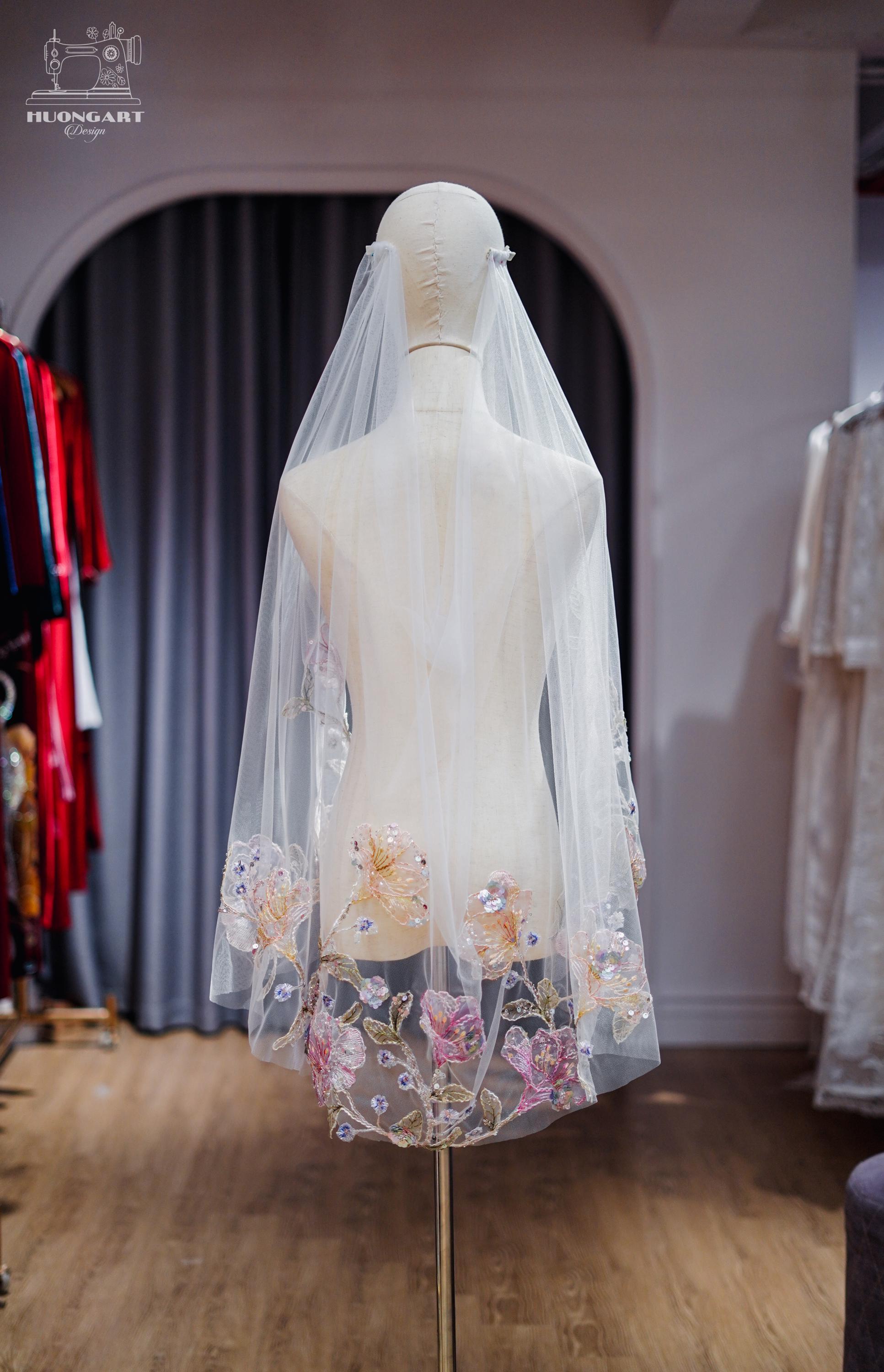 Draped Floral Embroidered Bridal Veil | Pastel Botanical Sequin