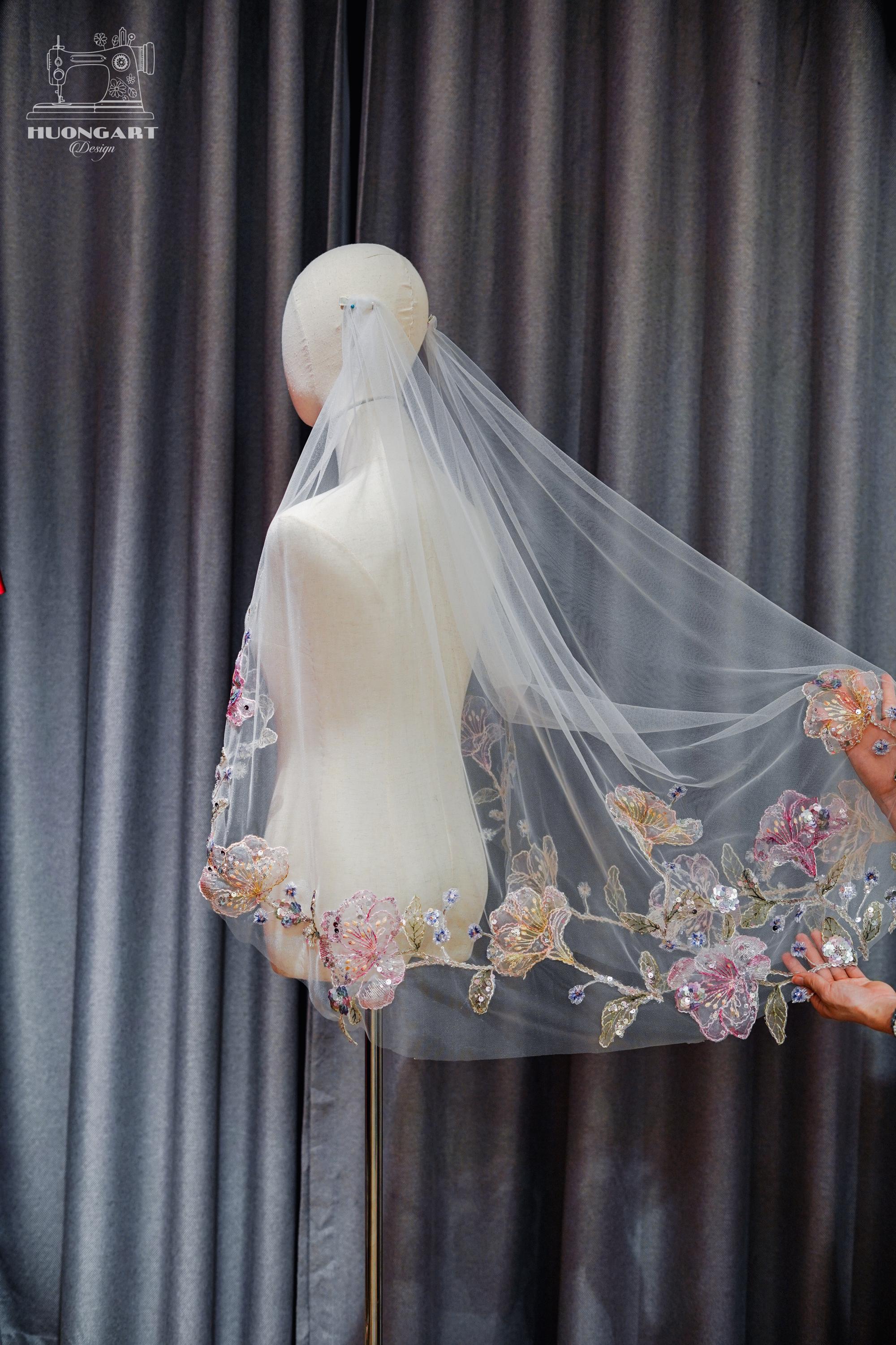 Draped Floral Embroidered Bridal Veil | Pastel Botanical Sequin