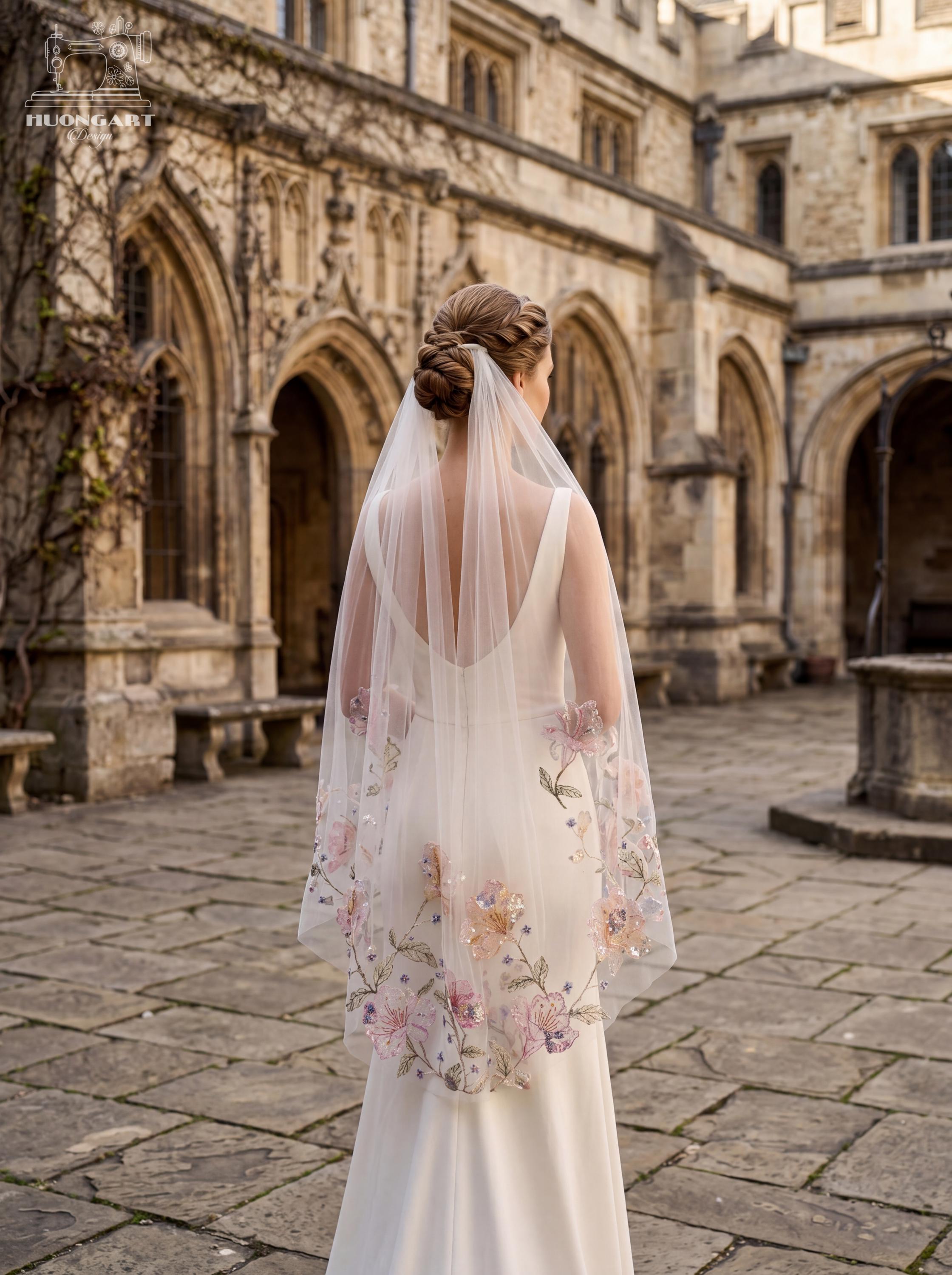 Draped Floral Embroidered Bridal Veil | Pastel Botanical Sequin