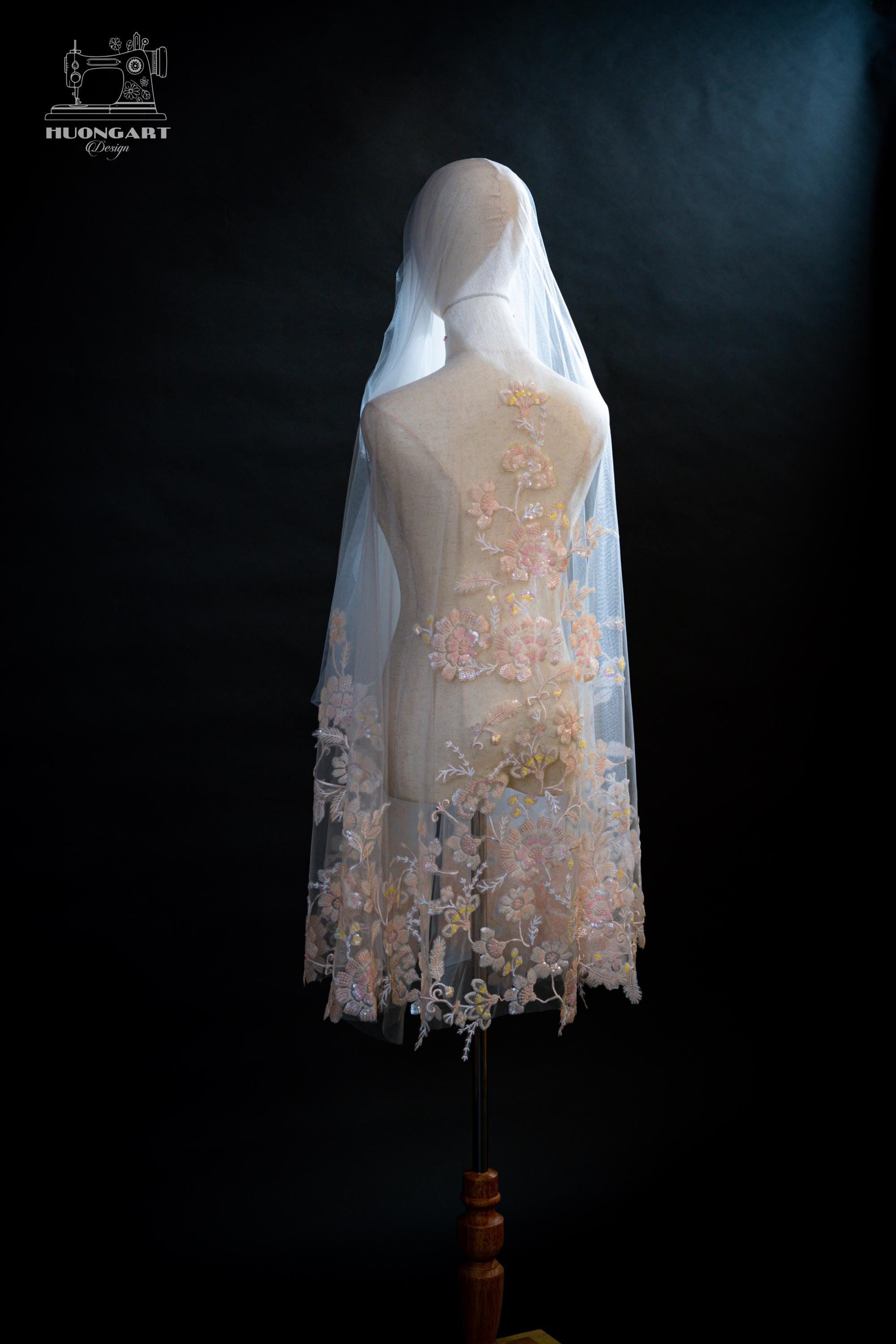The Fairy Tale Veil – Blush Pink Sequin & Floral Lace