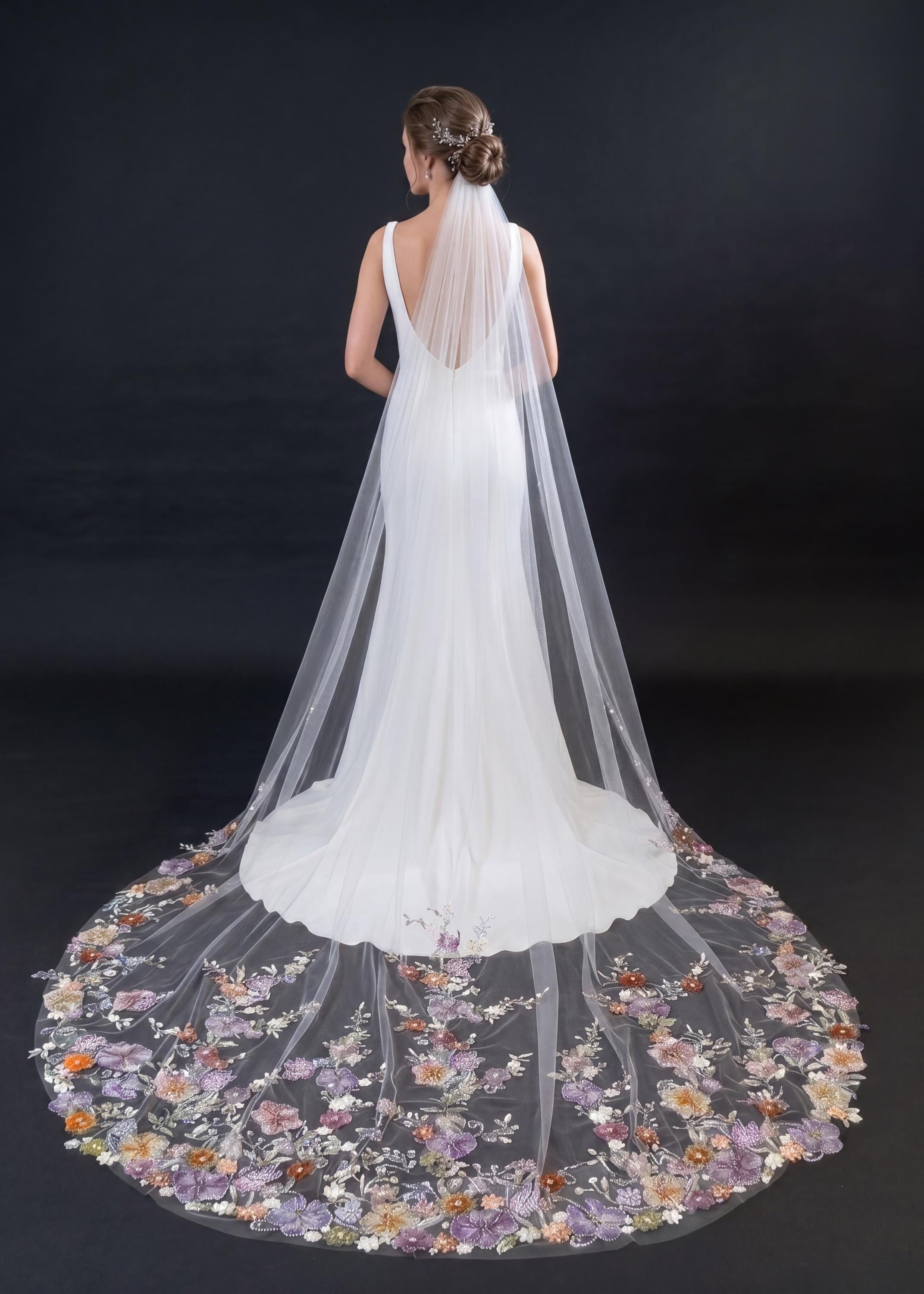 Colorful Sequin Floral Wedding Veil – Purple Botanical Cathedral