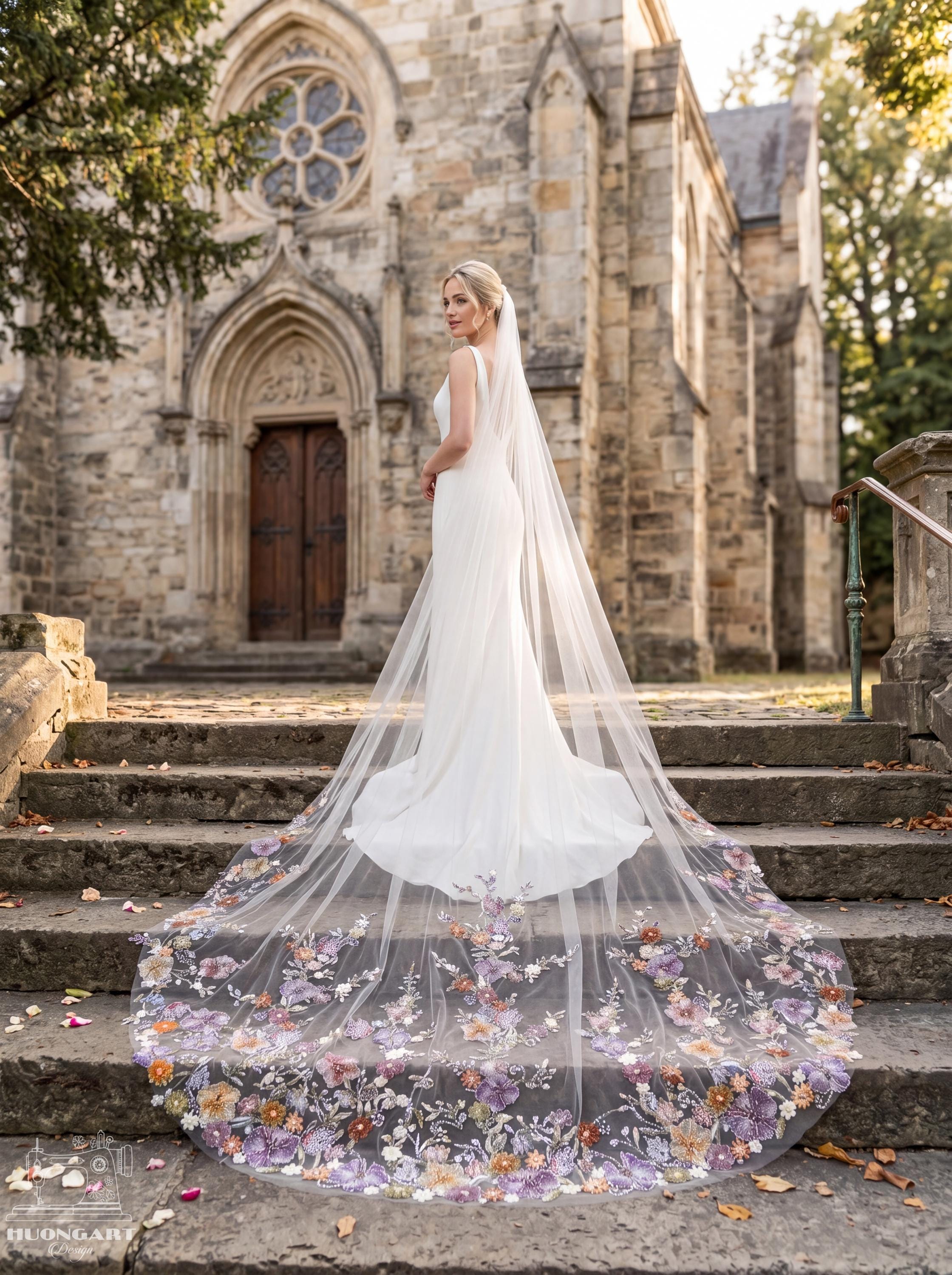 Colorful Sequin Floral Wedding Veil – Purple Botanical Cathedral