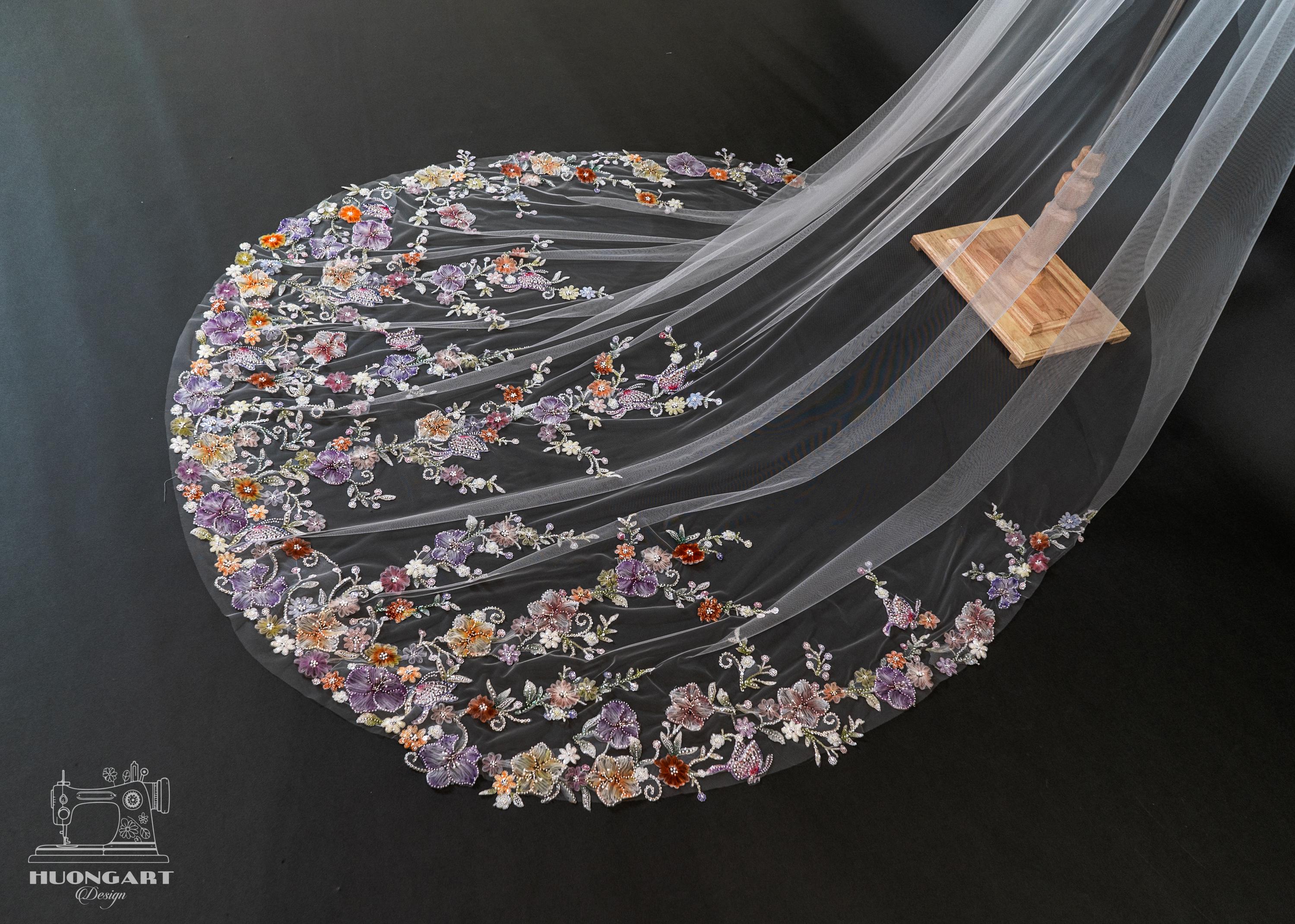 Colorful Sequin Floral Wedding Veil – Purple Botanical Cathedral