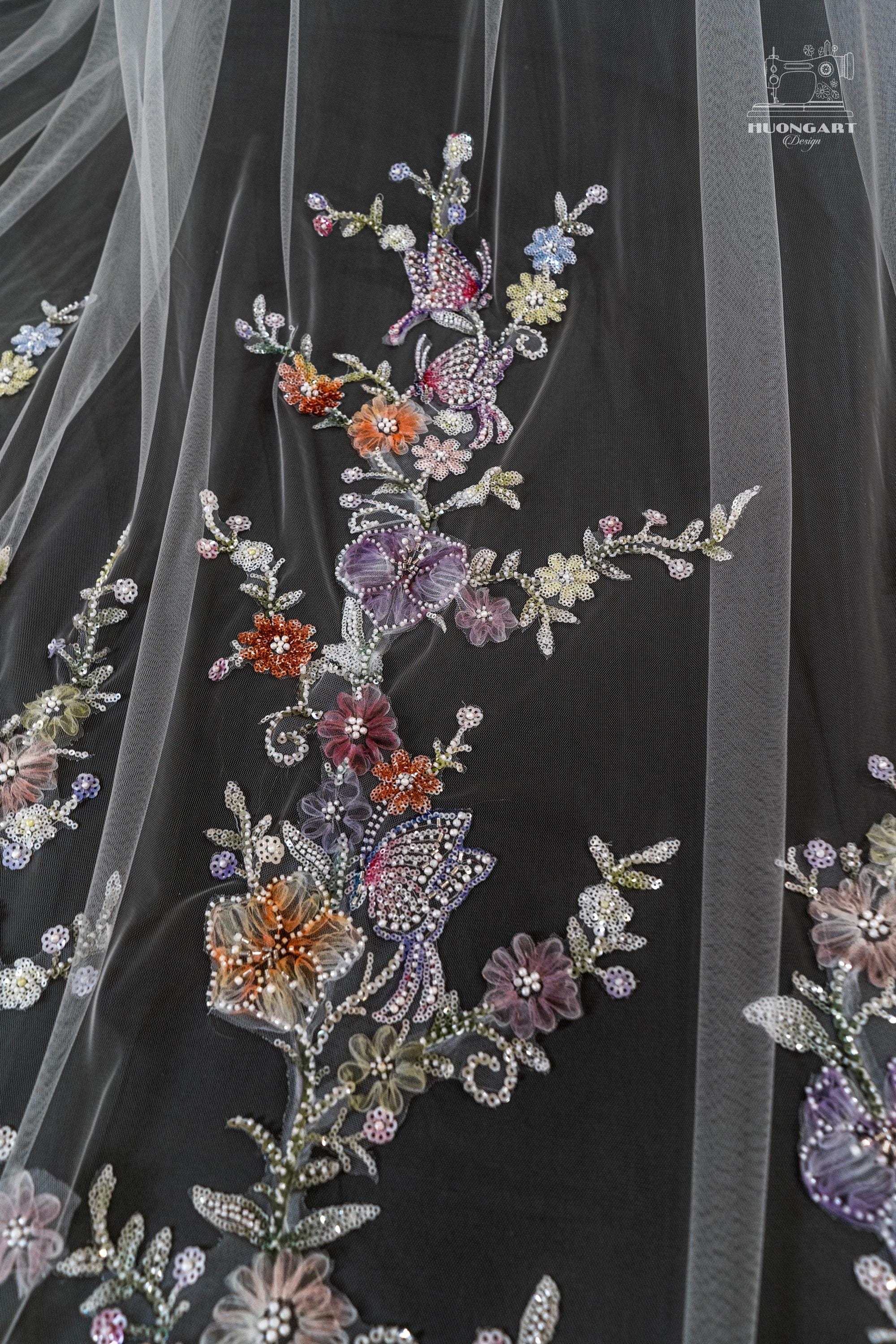 Colorful Sequin Floral Wedding Veil – Purple Botanical Cathedral