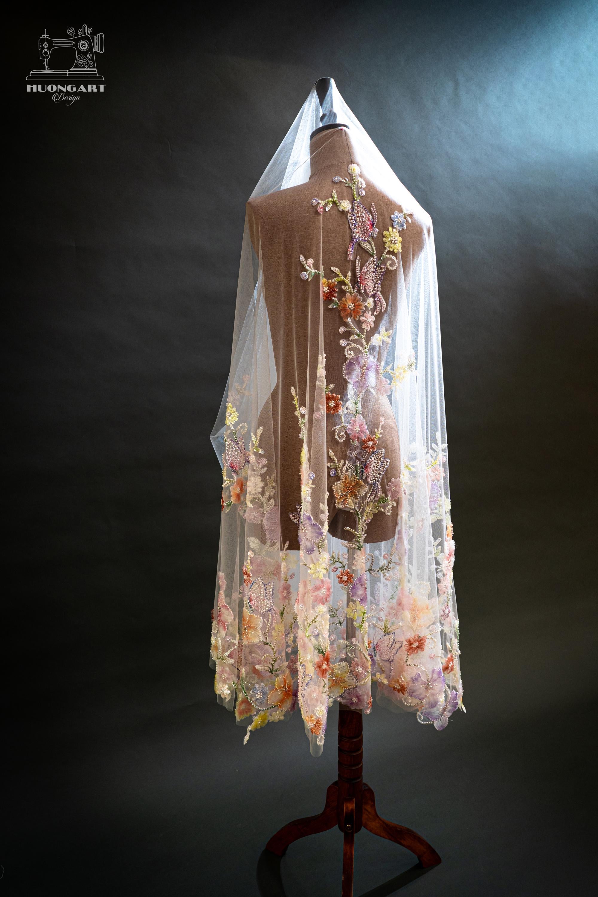 Colorful Sequin Floral Wedding Veil – Purple Botanical Cathedral