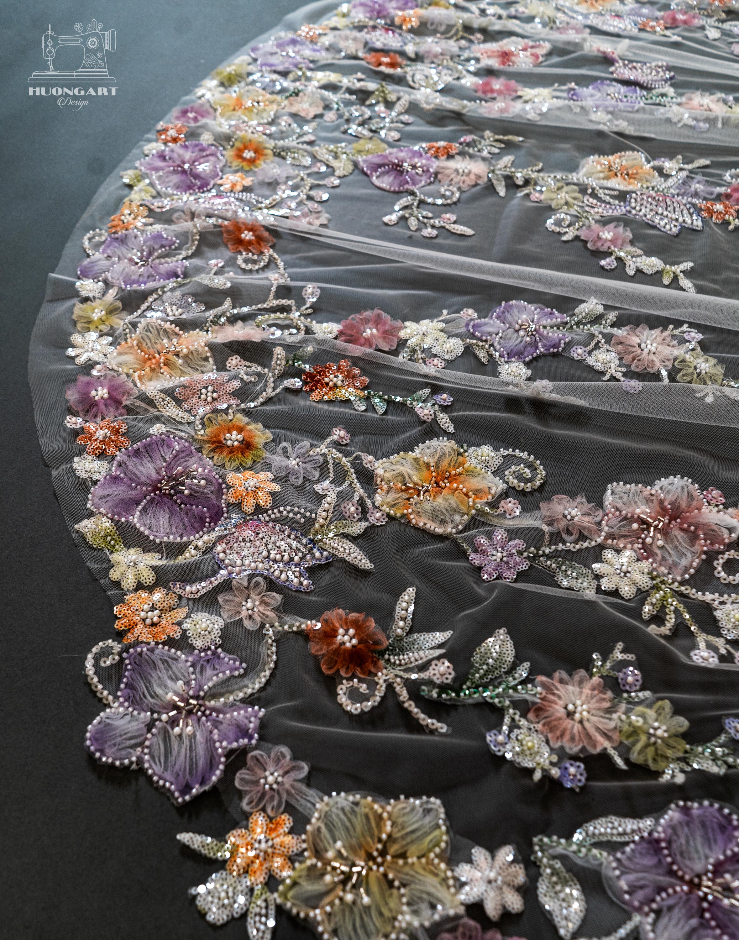 Colorful Sequin Floral Wedding Veil – Purple Botanical Cathedral