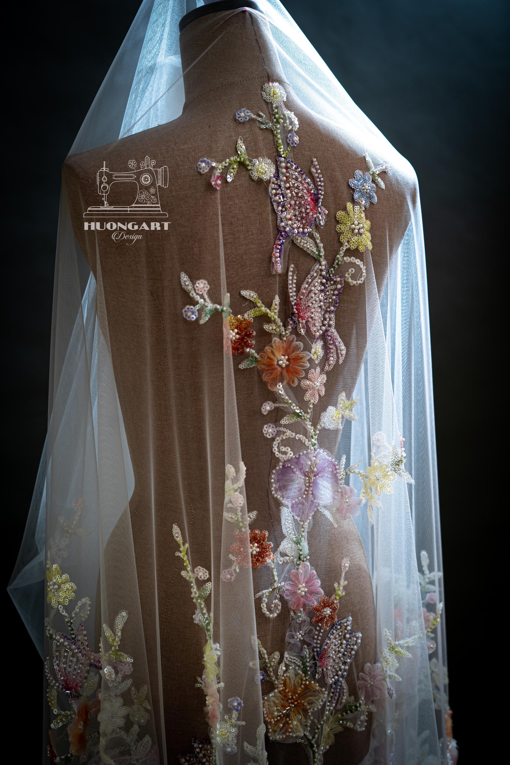 Colorful Sequin Floral Wedding Veil – Purple Botanical Cathedral