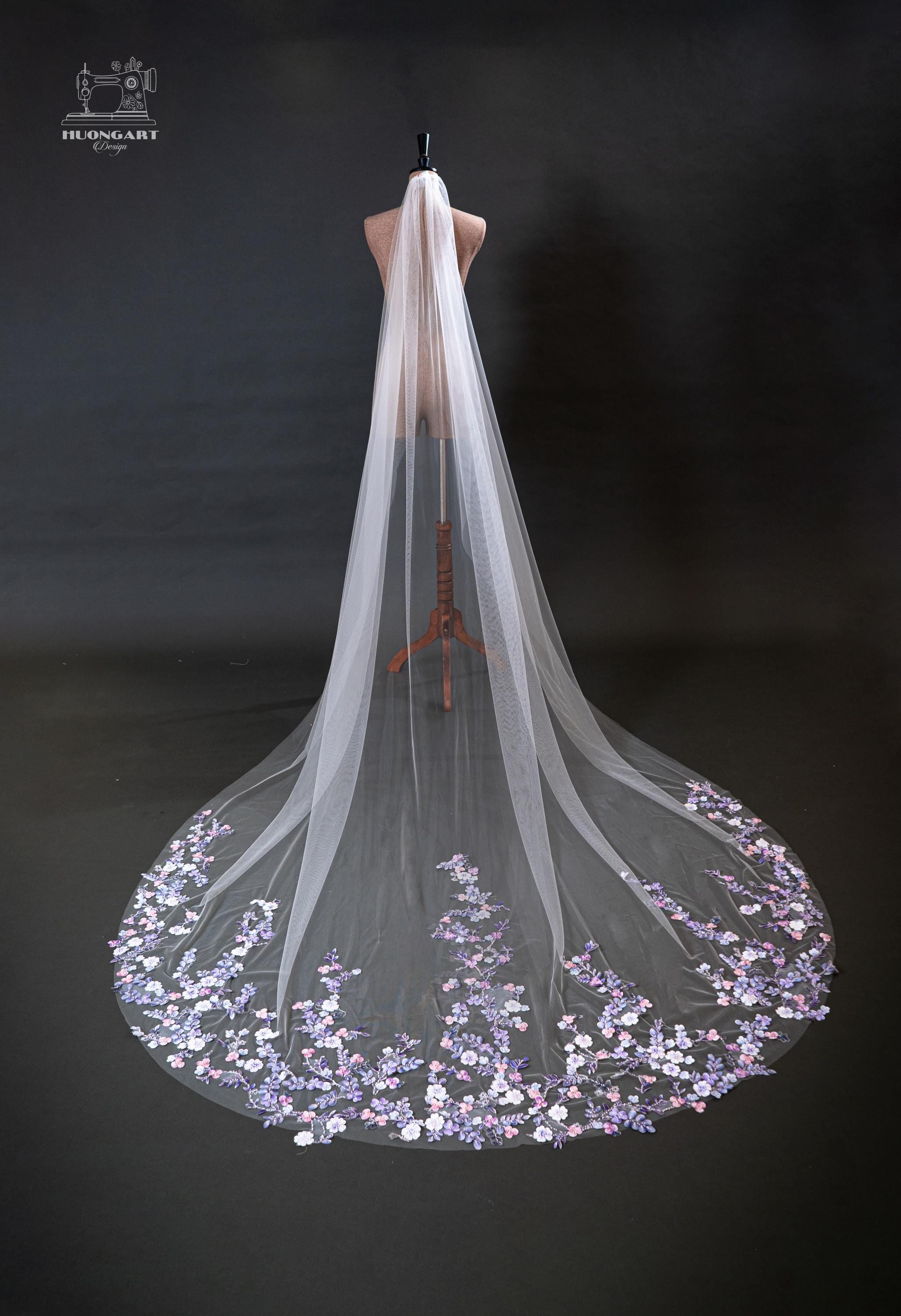Beaded 3D Fabric Flower Bridal Veil | Lavender Floral Cathedral