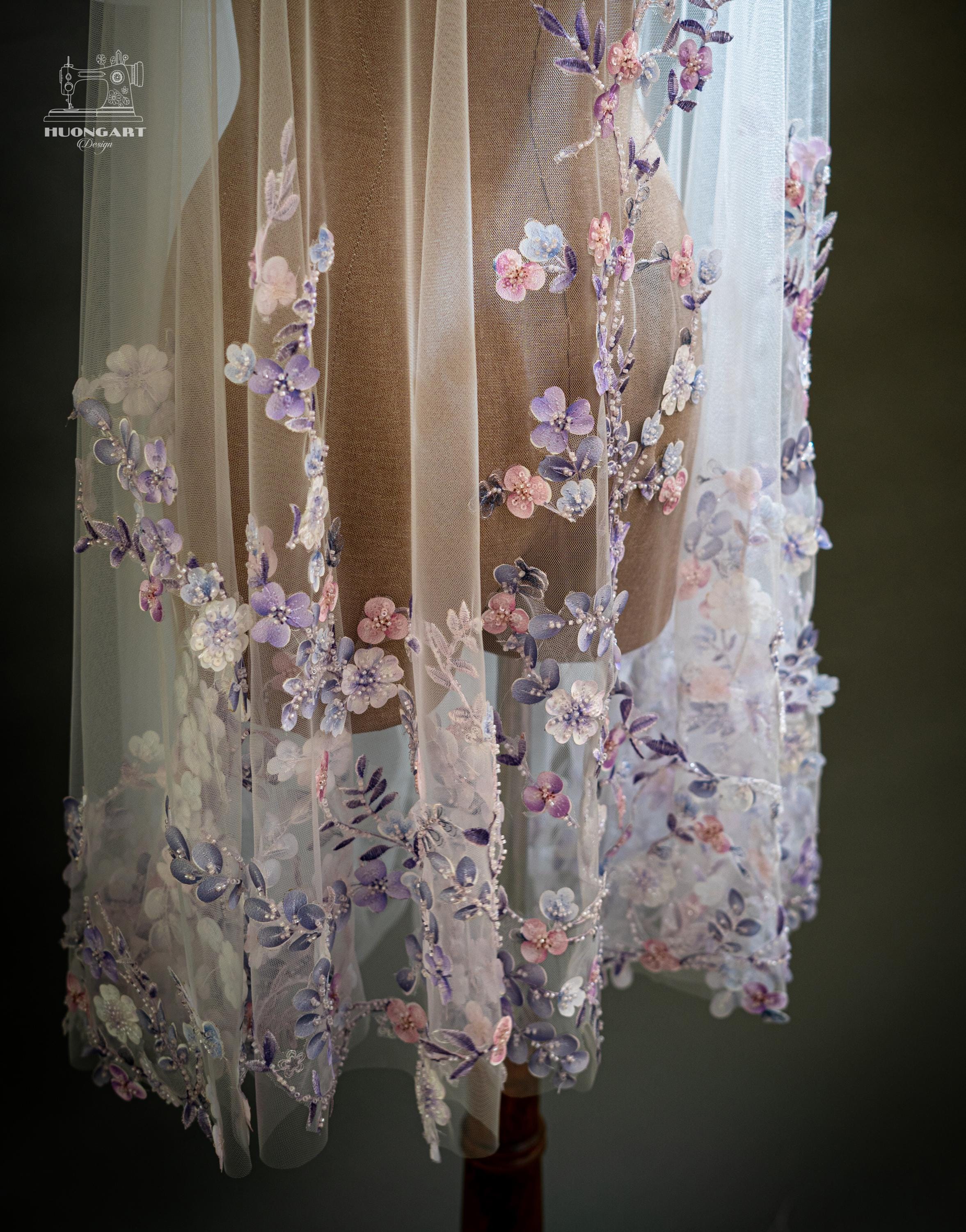 Beaded 3D Fabric Flower Bridal Veil | Lavender Floral Cathedral