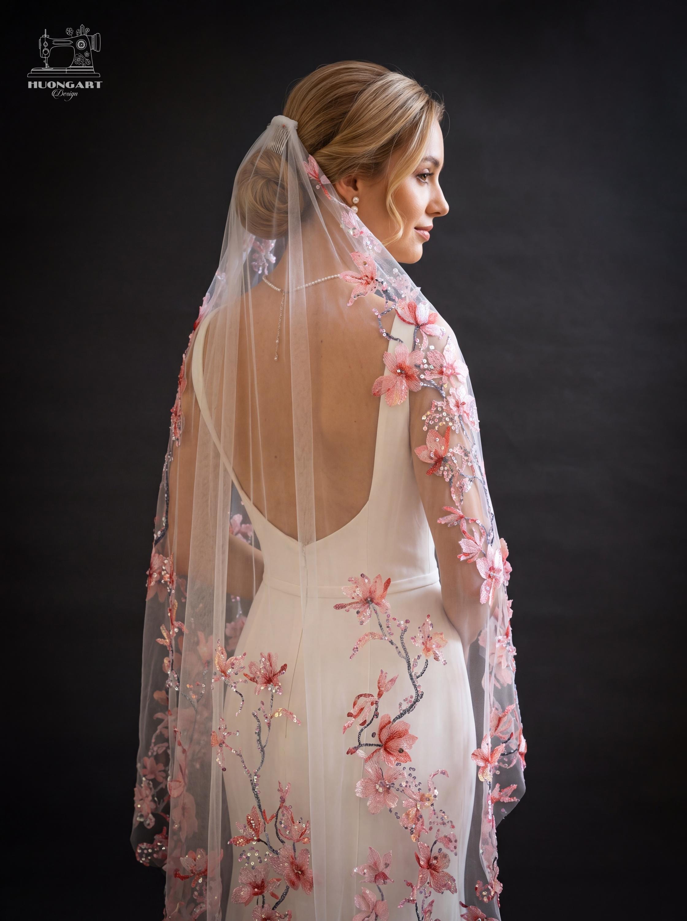 Cherry Blossom Beaded Bridal Veil | Coral Pink Waltz Drop Cut
