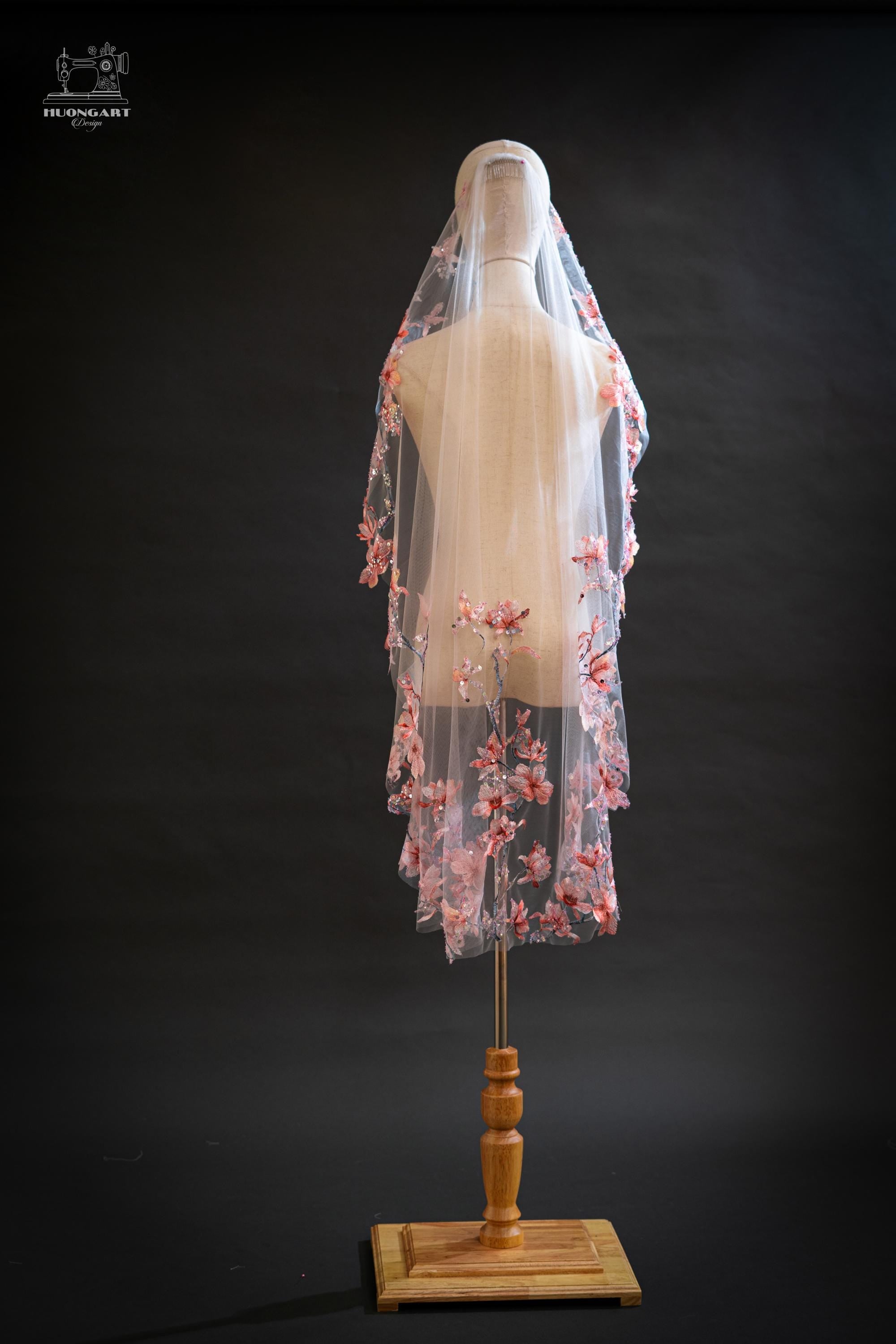 Cherry Blossom Beaded Bridal Veil | Coral Pink Waltz Drop Cut