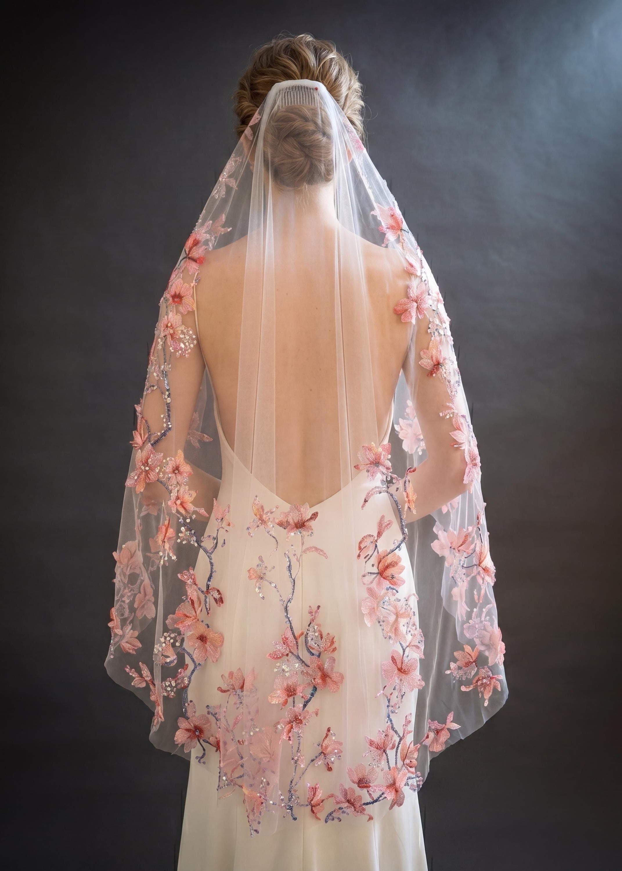 Cherry Blossom Beaded Bridal Veil | Coral Pink Waltz Drop Cut