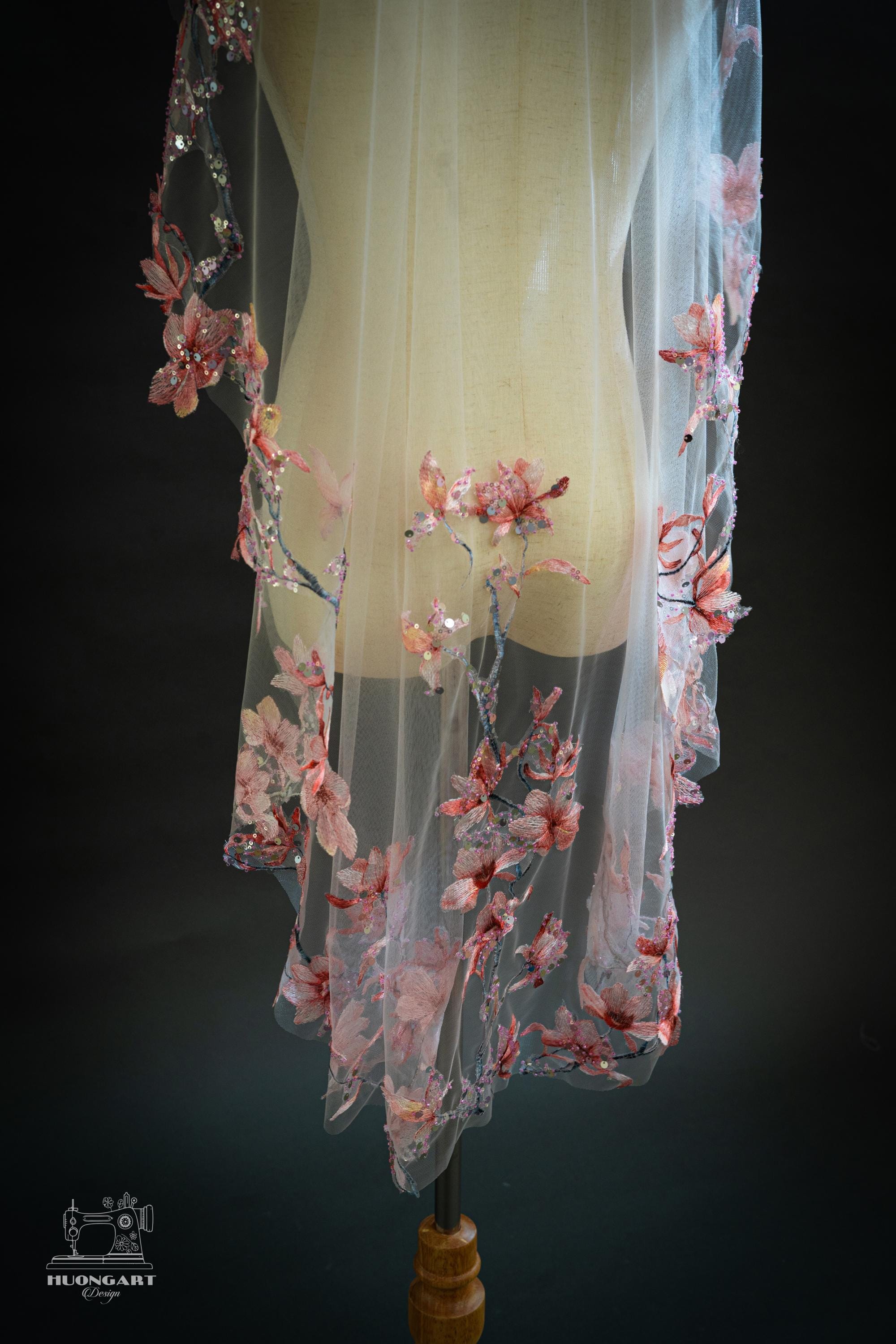 Cherry Blossom Beaded Bridal Veil | Coral Pink Waltz Drop Cut