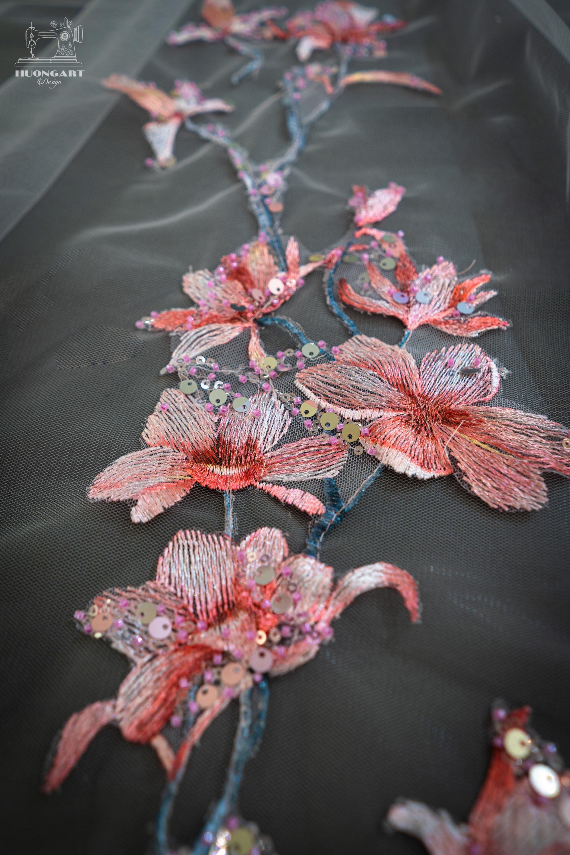 Cherry Blossom Beaded Bridal Veil | Coral Pink Waltz Drop Cut