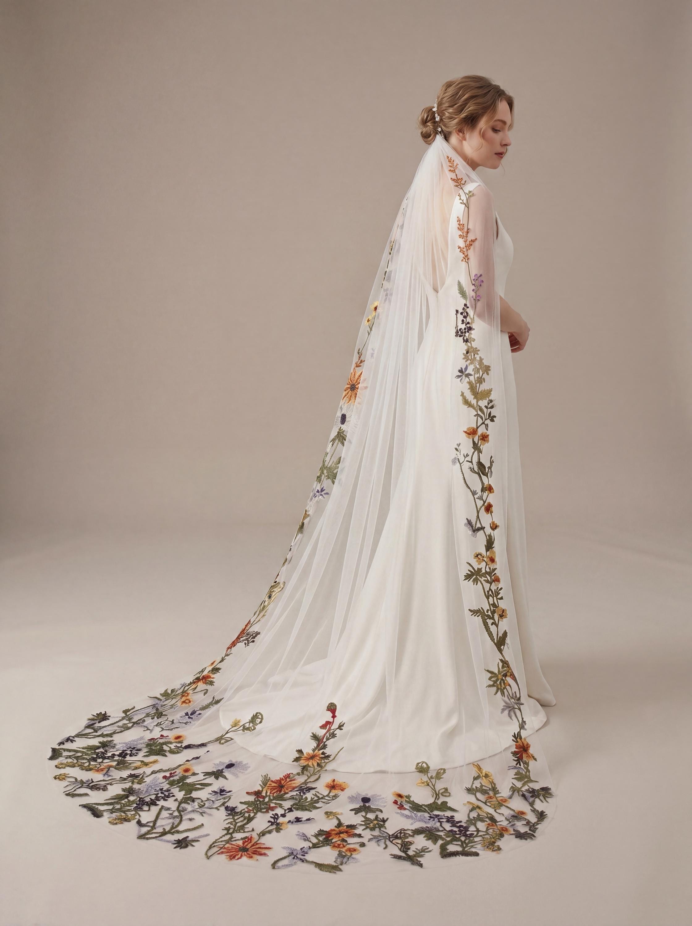 Colorful Wildflower Embroidered Wedding Veil – Cathedral Drop Cut