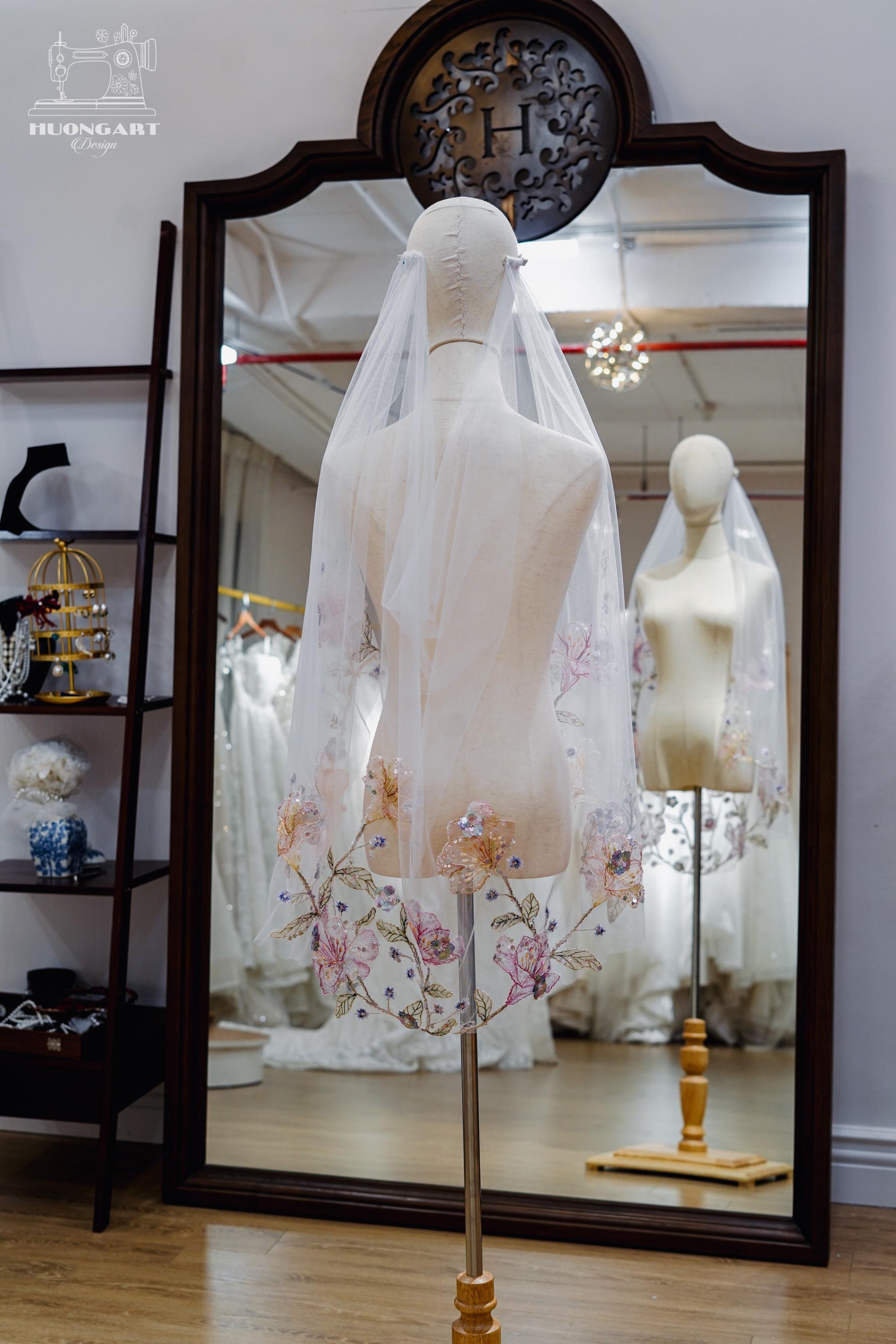 Draped Floral Embroidered Bridal Veil | Pastel Botanical Sequin