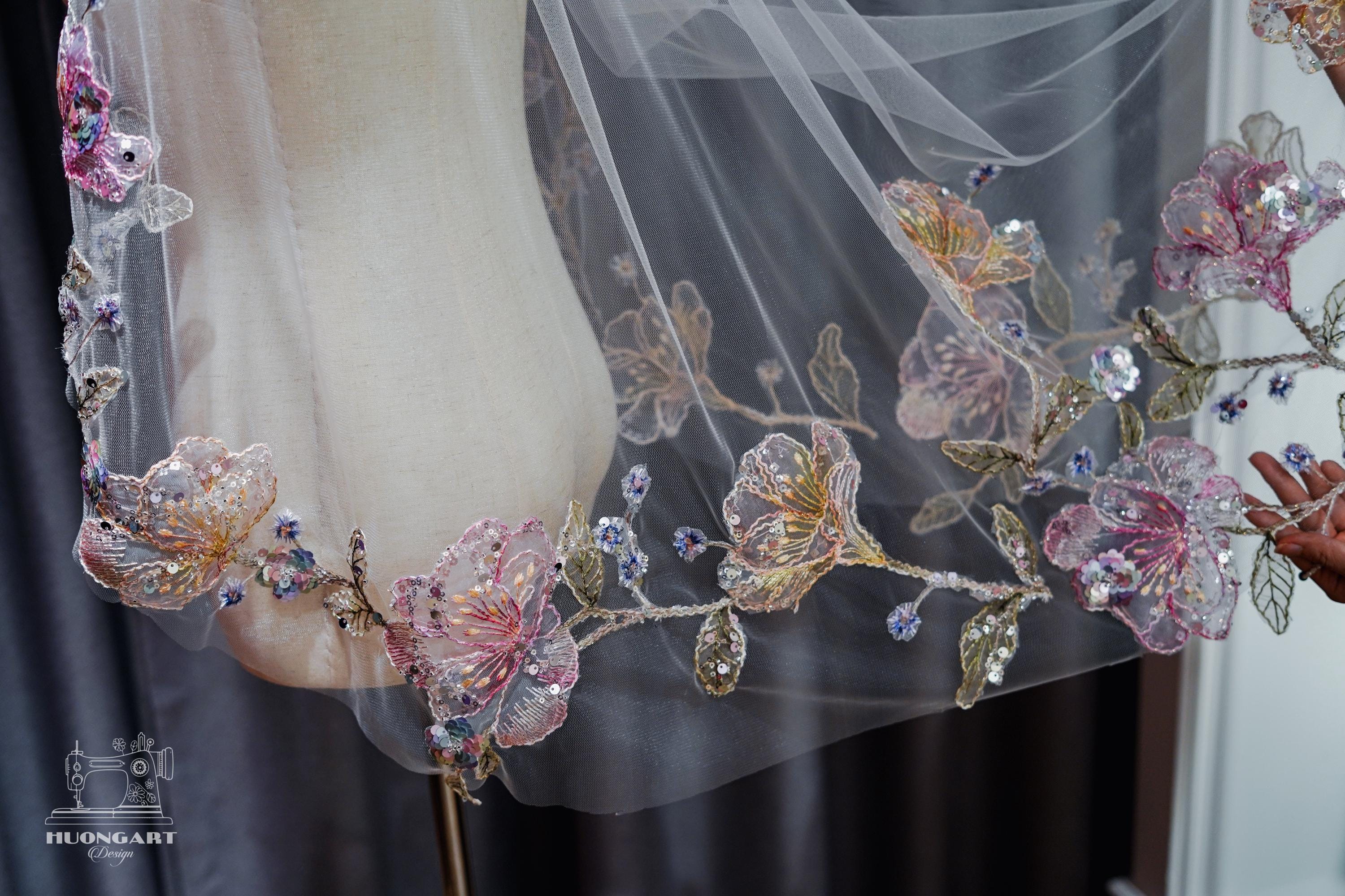 Draped Floral Embroidered Bridal Veil | Pastel Botanical Sequin