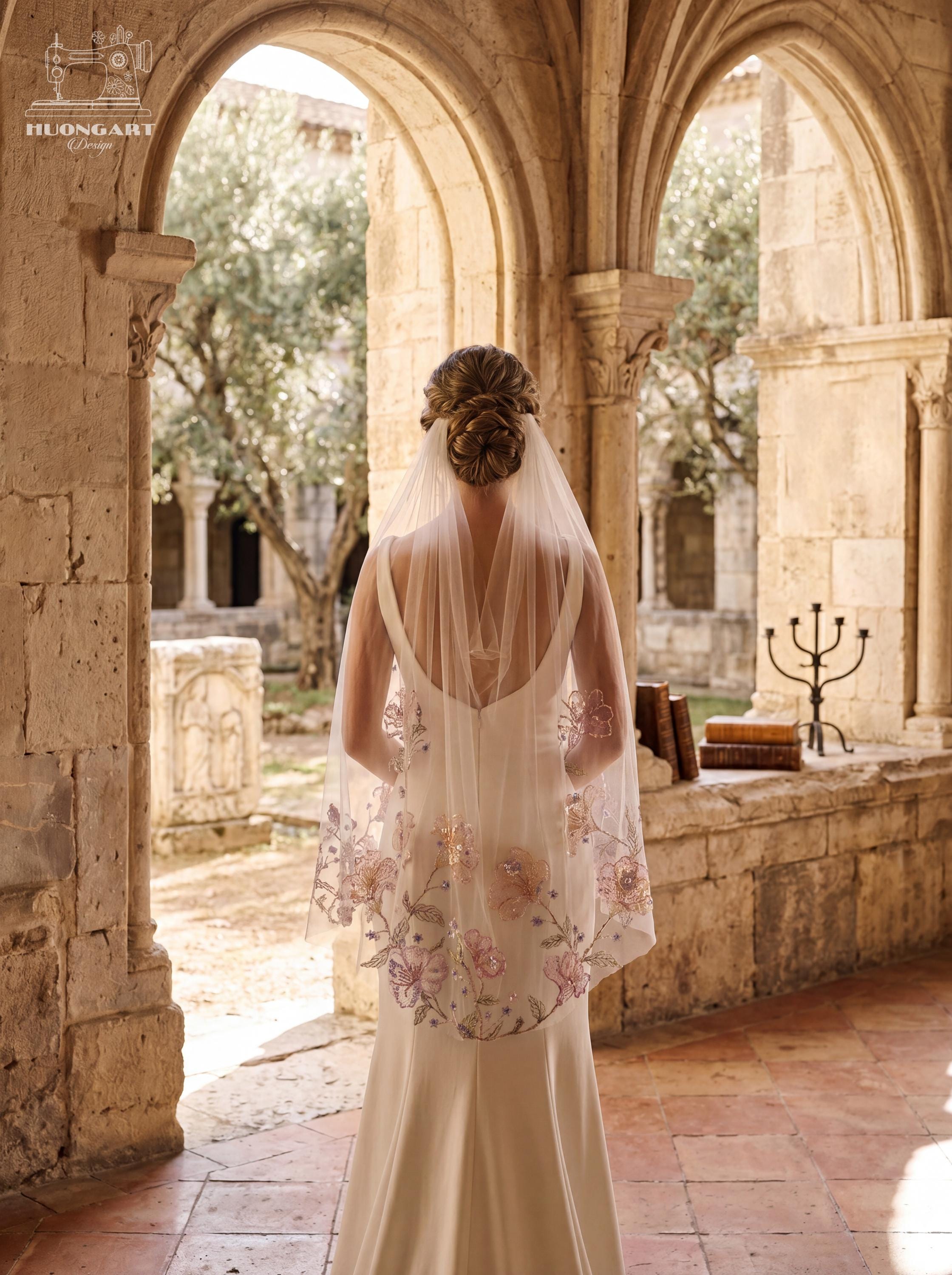 Draped Floral Embroidered Bridal Veil | Pastel Botanical Sequin