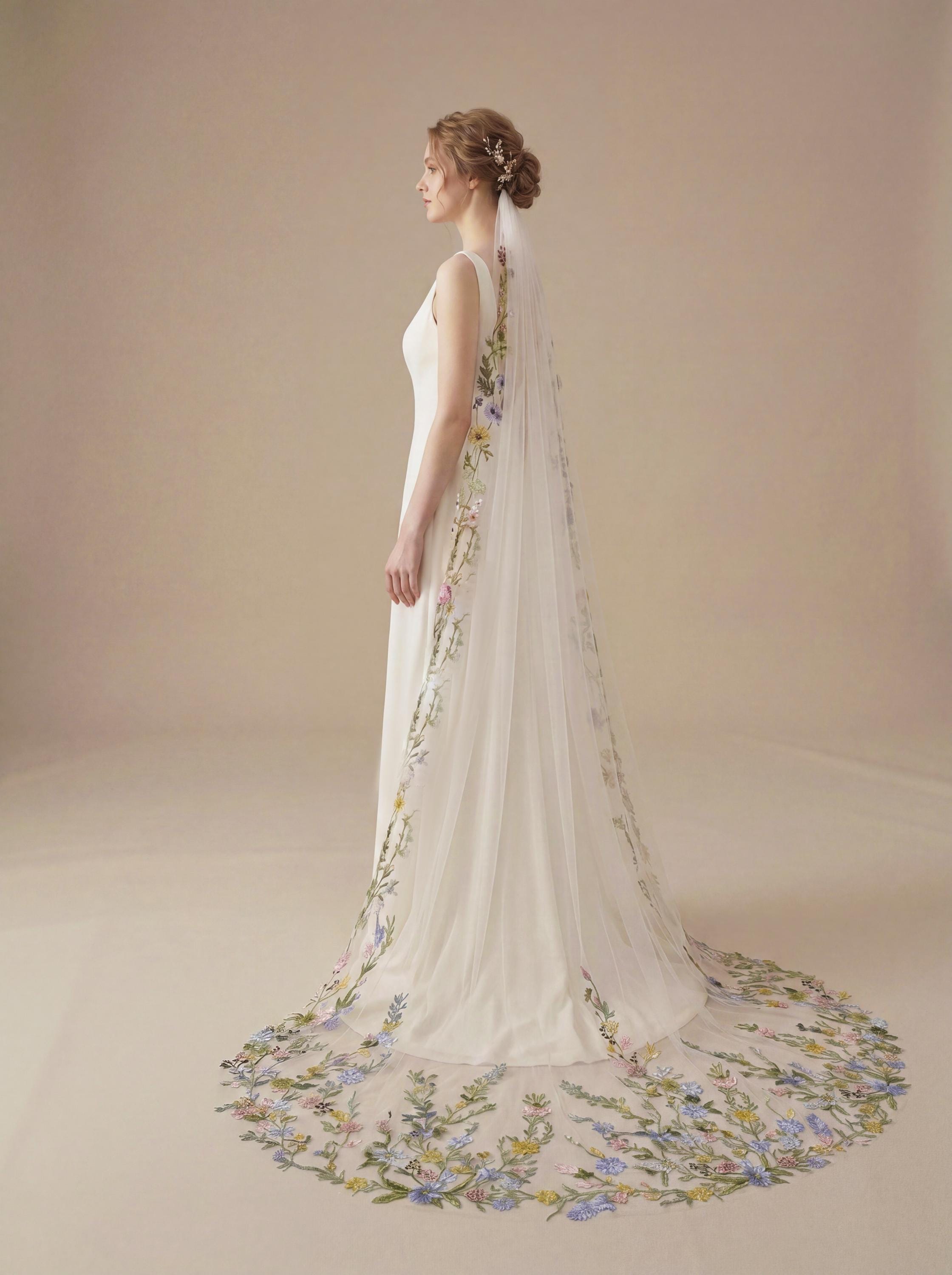 Pastel Floral Embroidered Wedding Veil – Blue & Pink Cathedral Drop