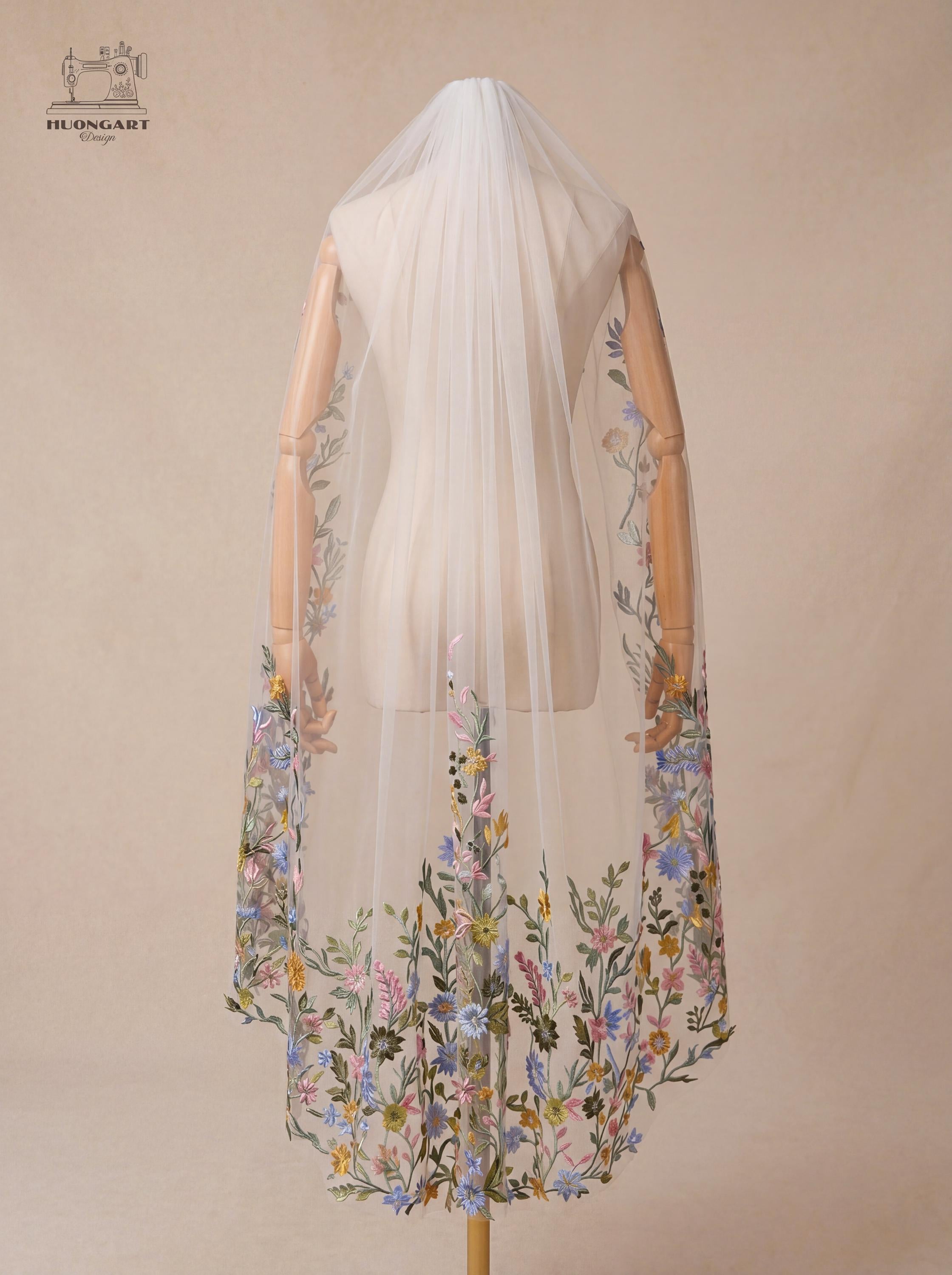 Pastel Floral Embroidered Wedding Veil – Blue & Pink Cathedral Drop