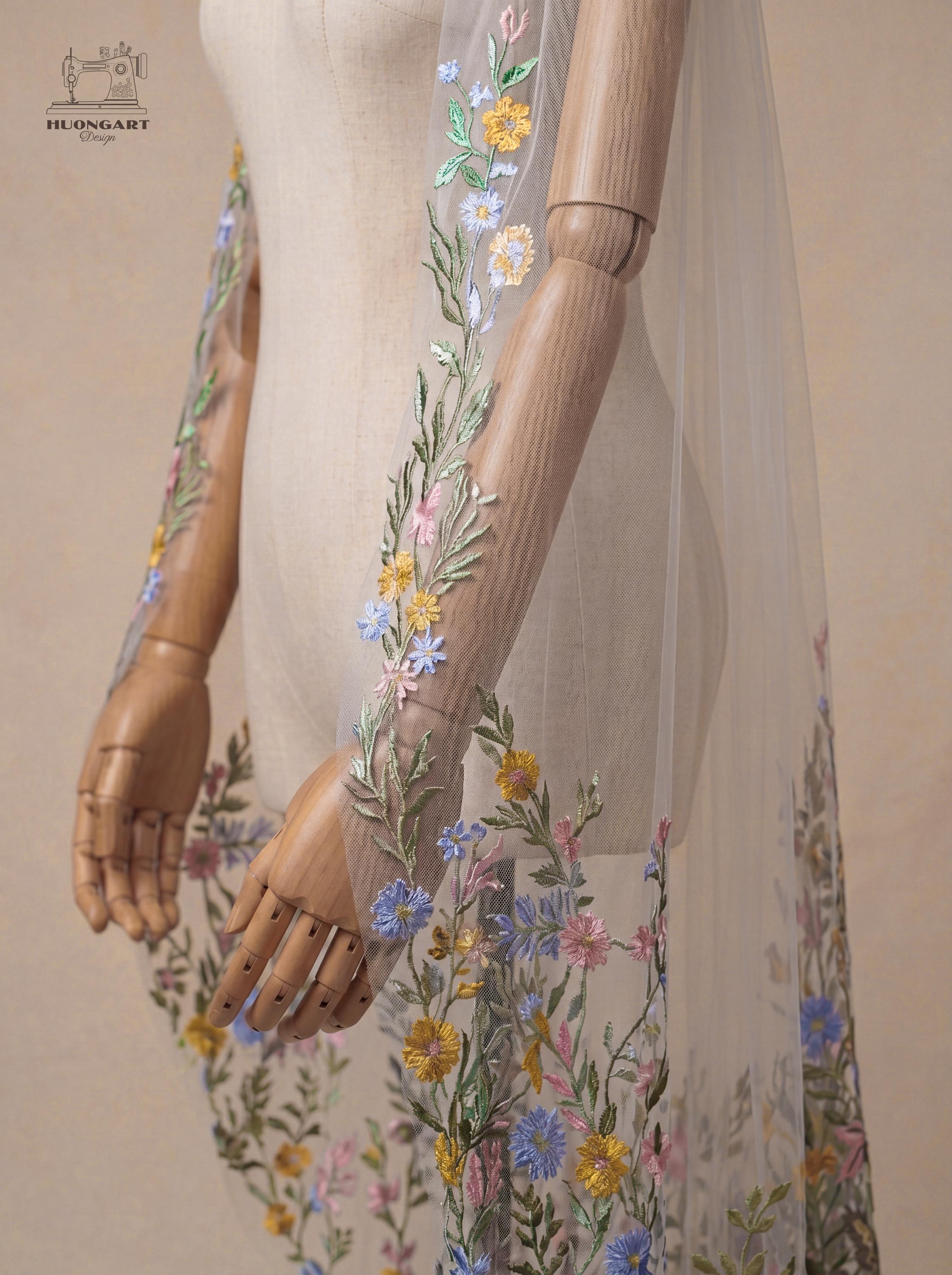 Pastel Floral Embroidered Wedding Veil – Blue & Pink Cathedral Drop