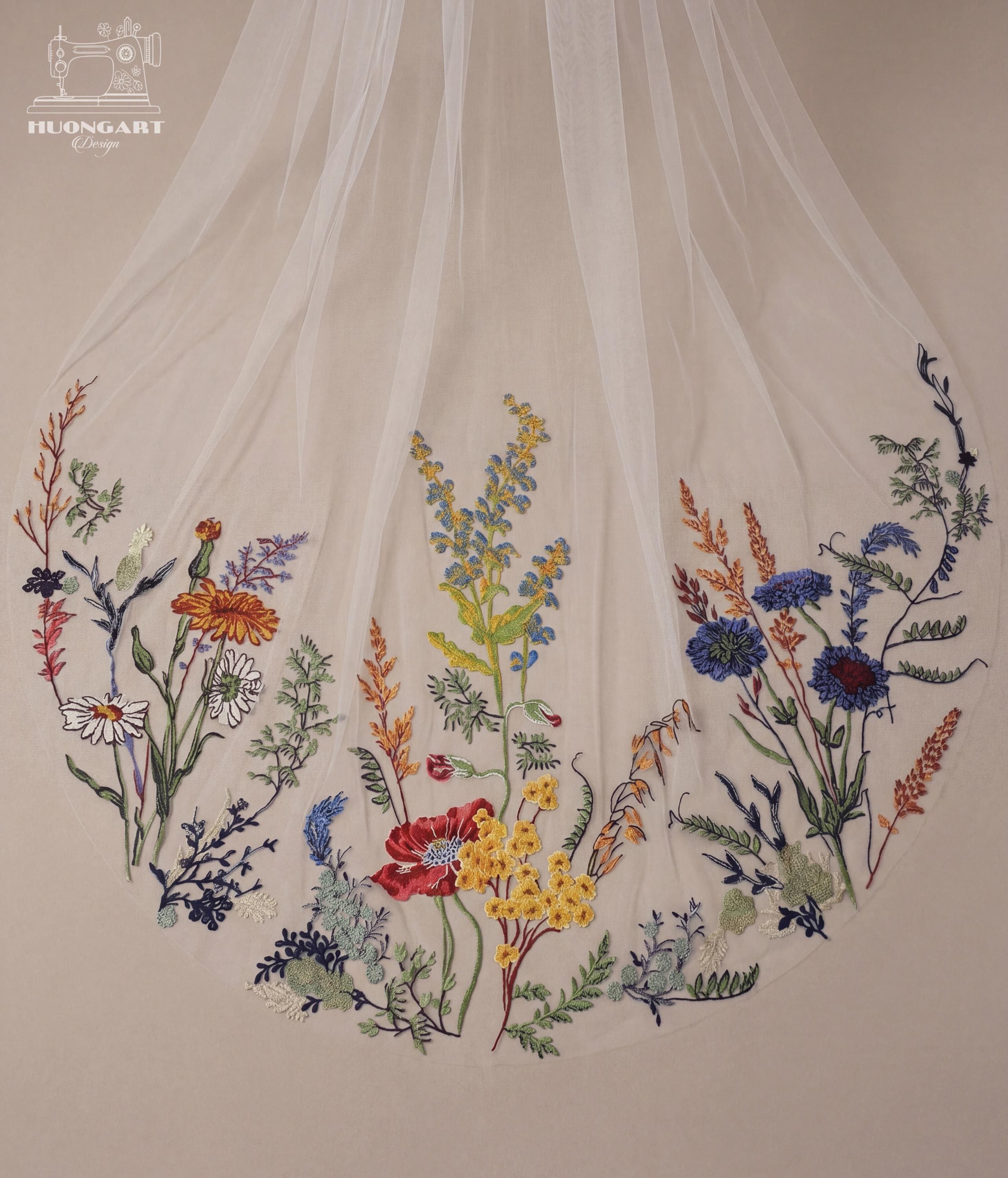 Colorful Botanical Wildflower Bridal Veil | Cathedral Length
