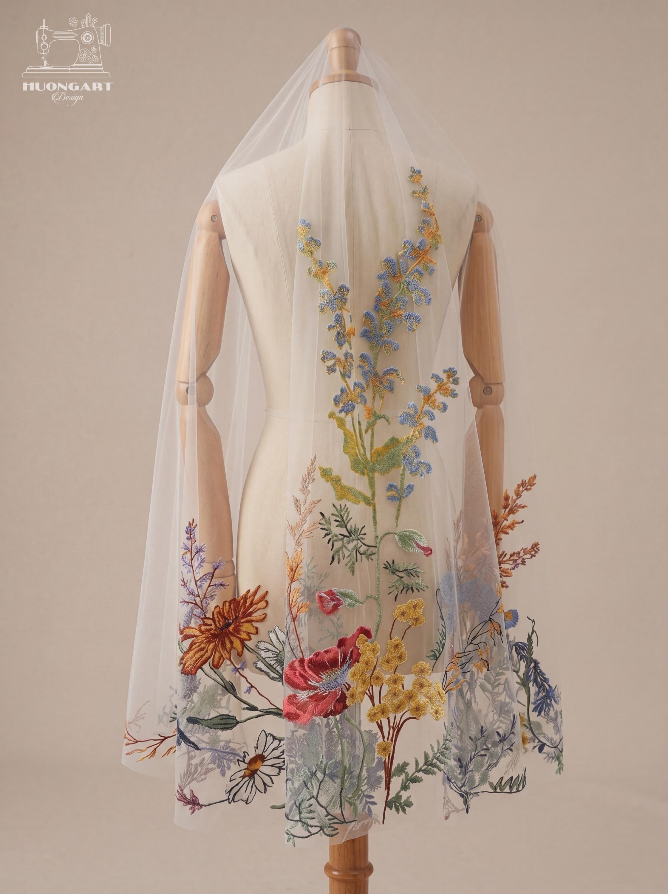 Colorful Botanical Wildflower Bridal Veil | Cathedral Length