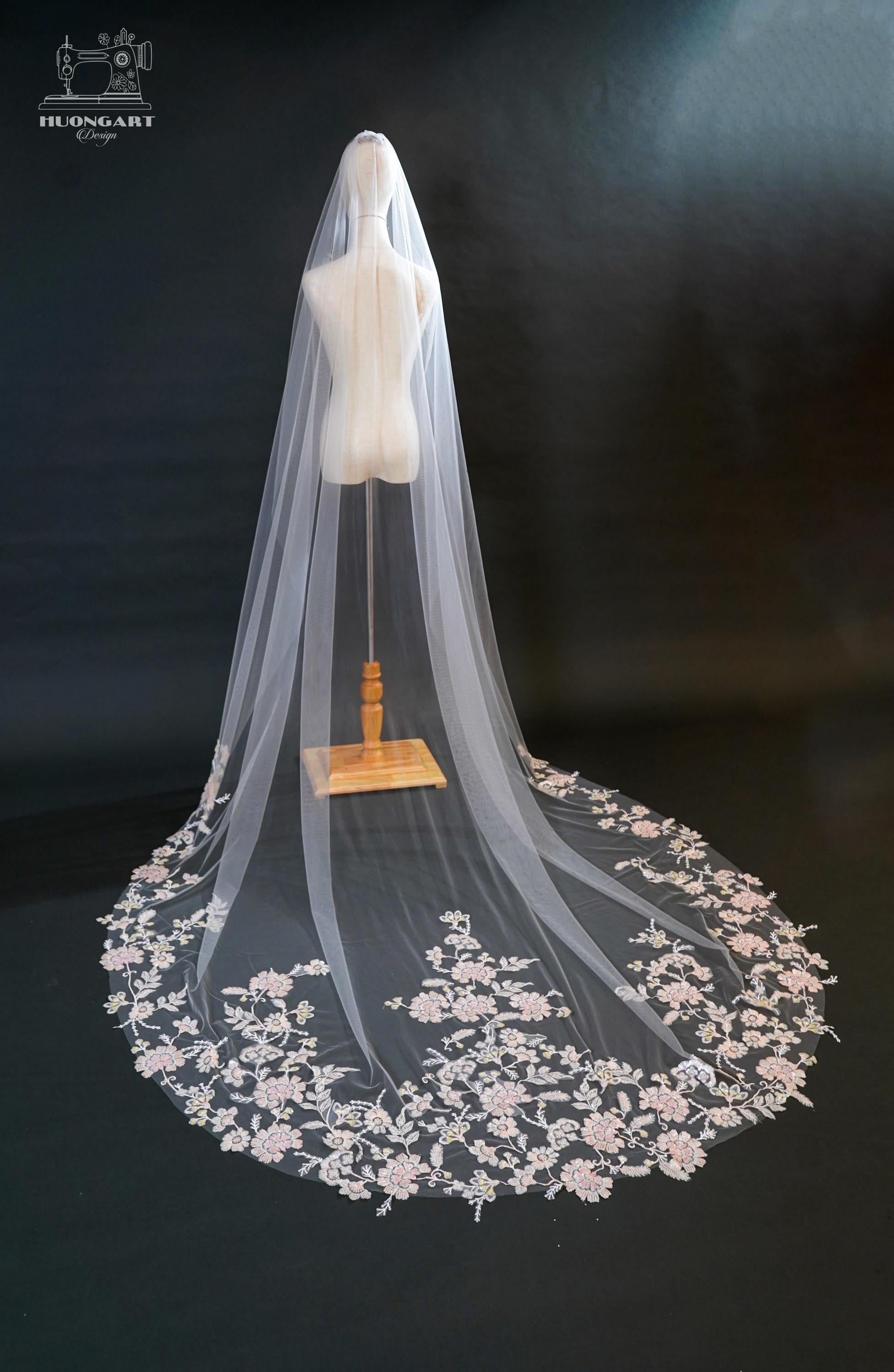 The Fairy Tale Veil – Blush Pink Sequin & Floral Lace