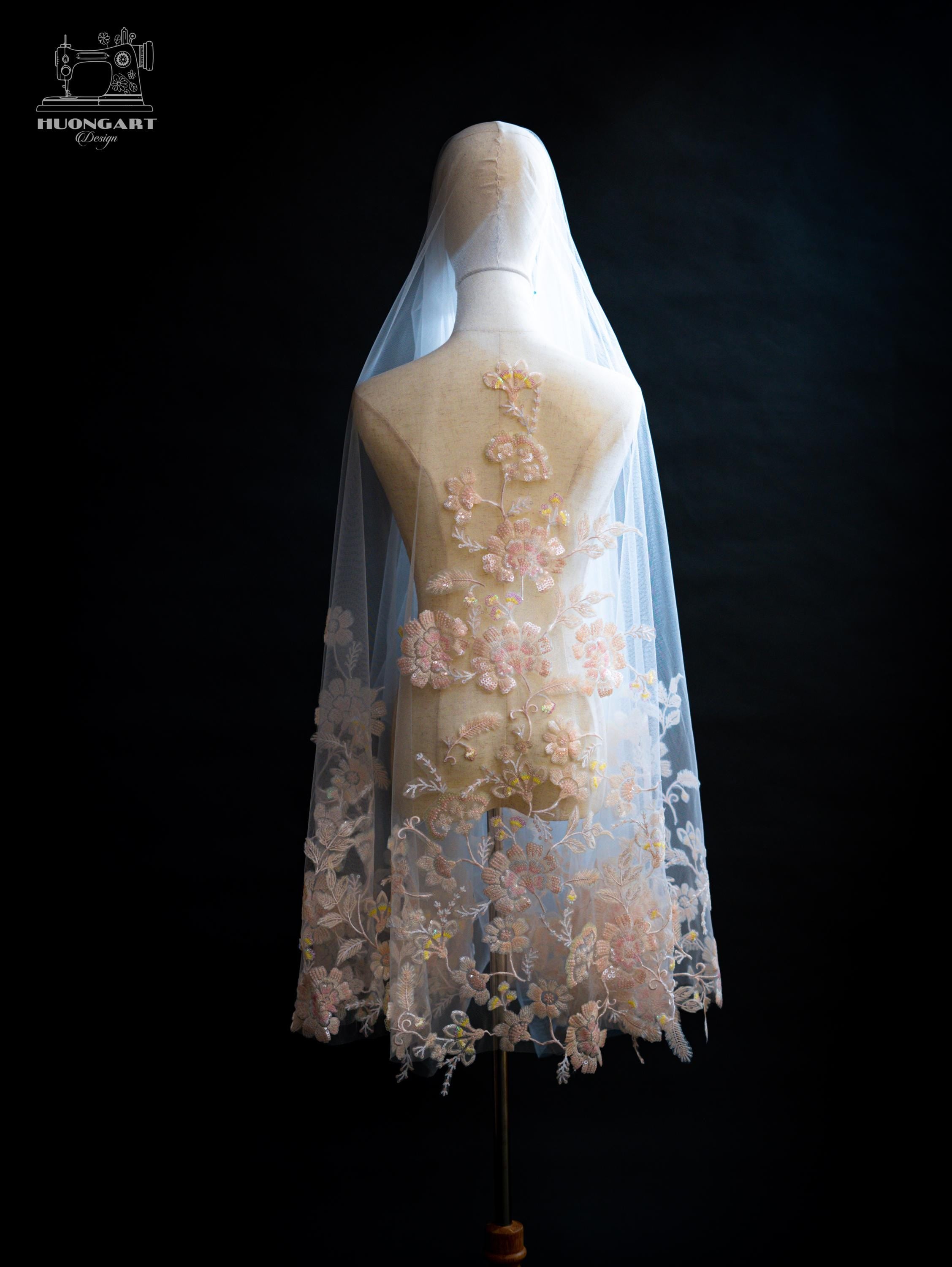 The Fairy Tale Veil – Blush Pink Sequin & Floral Lace