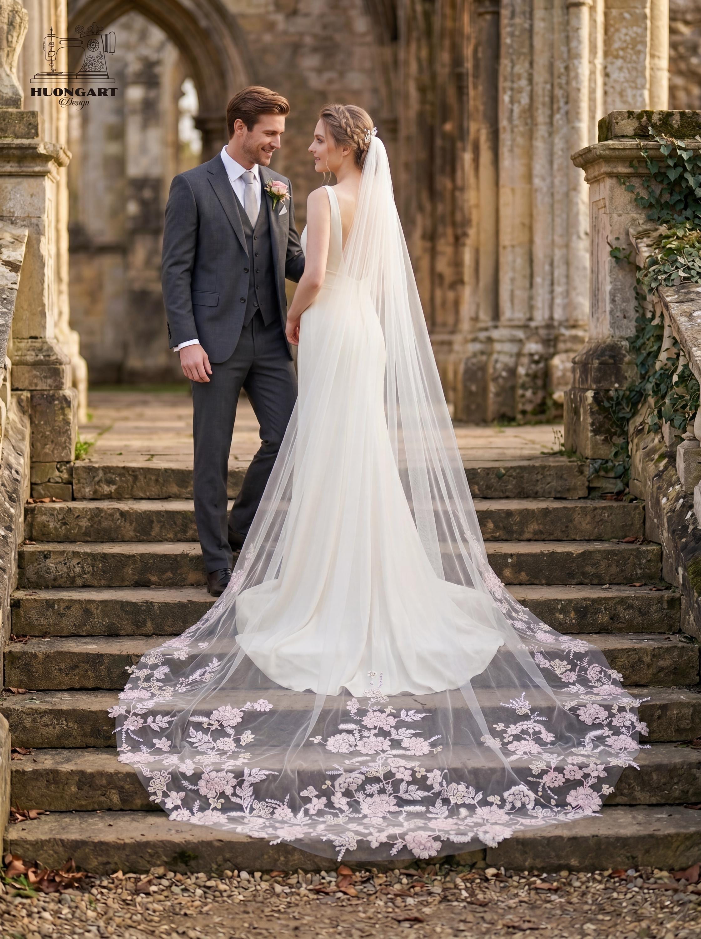 The Fairy Tale Veil – Blush Pink Sequin & Floral Lace