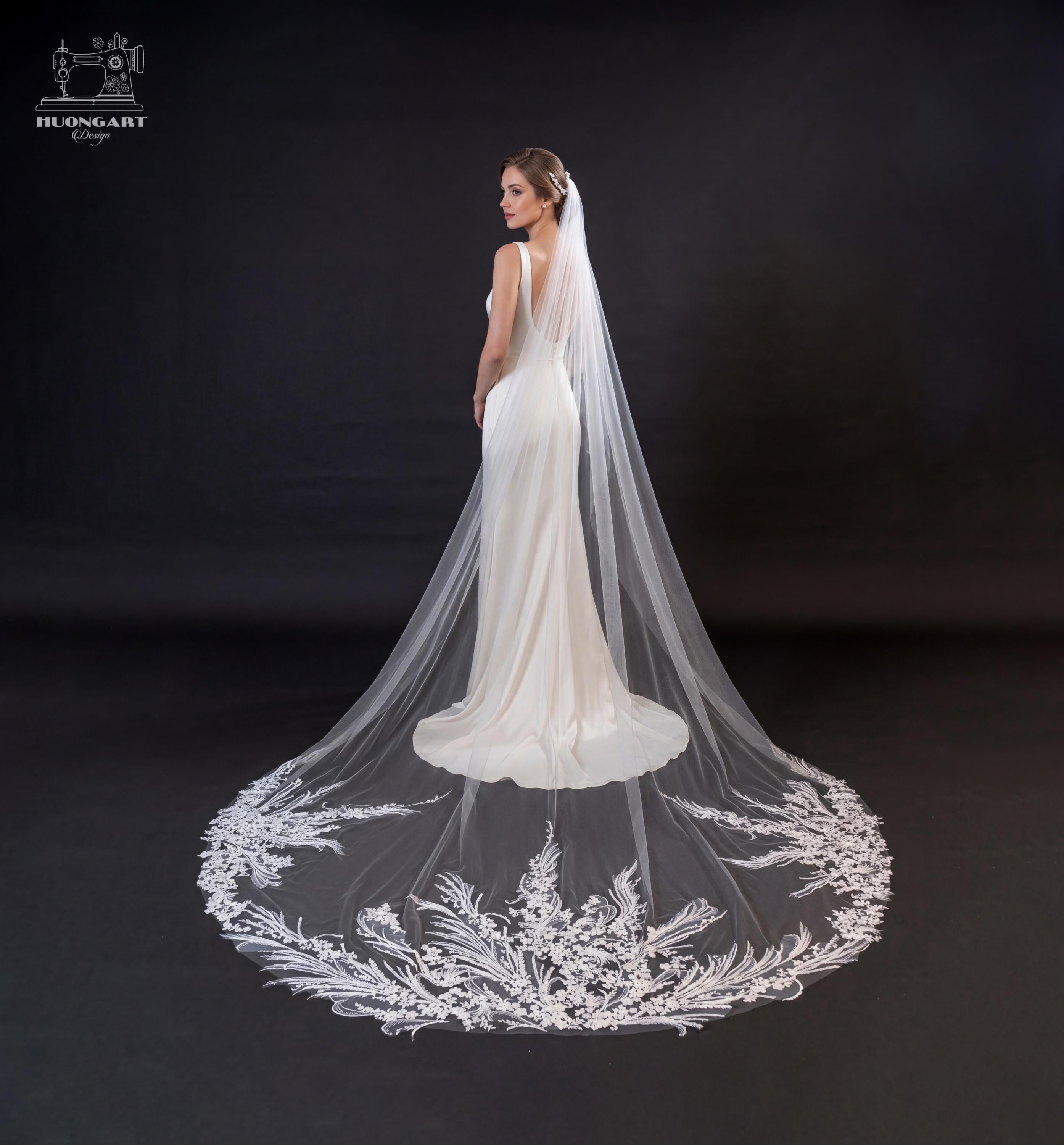 Majestic Fern Embroidered Cathedral Veil – Botanical Leaf Lace