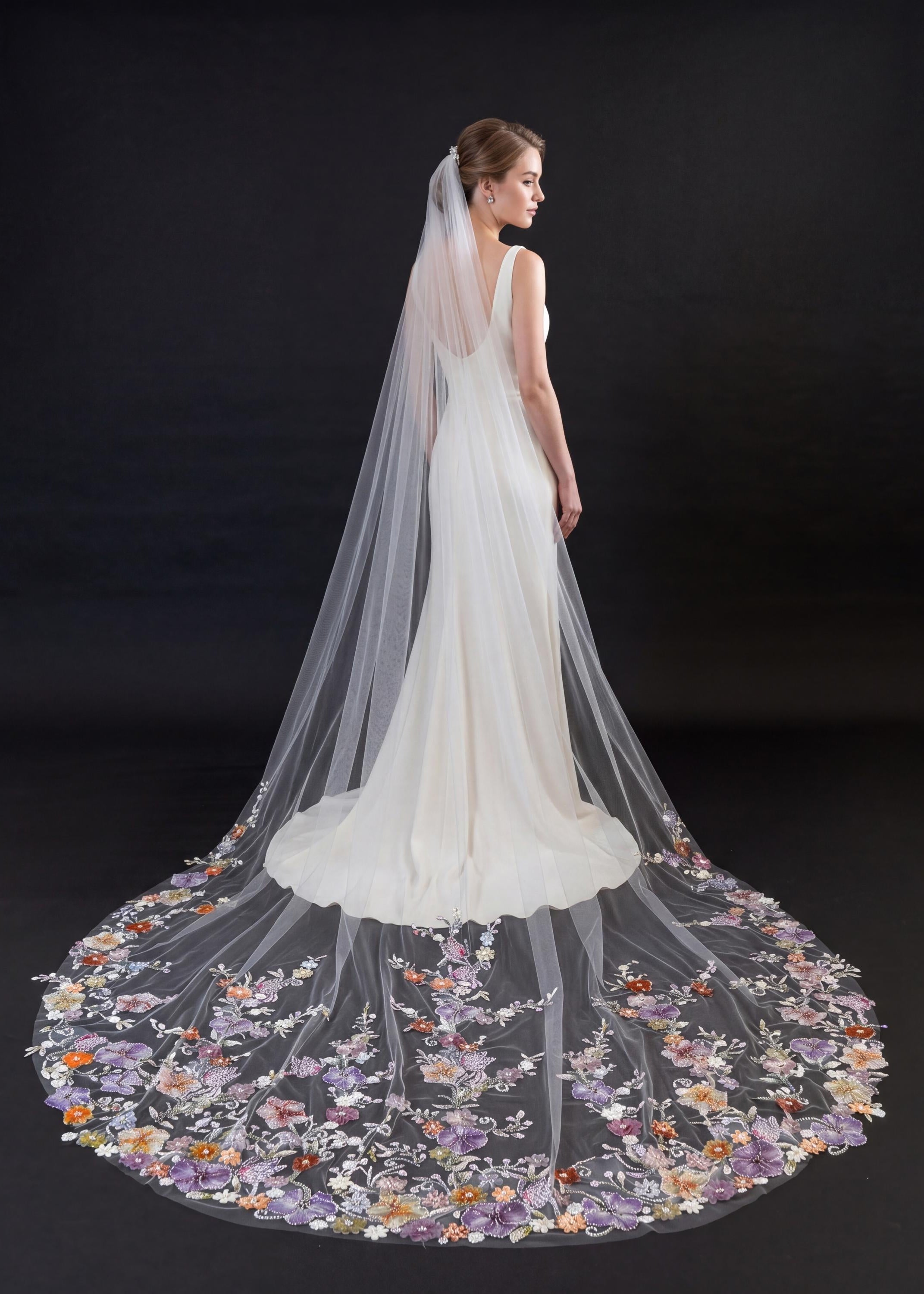 Colorful Sequin Floral Wedding Veil – Purple Botanical Cathedral