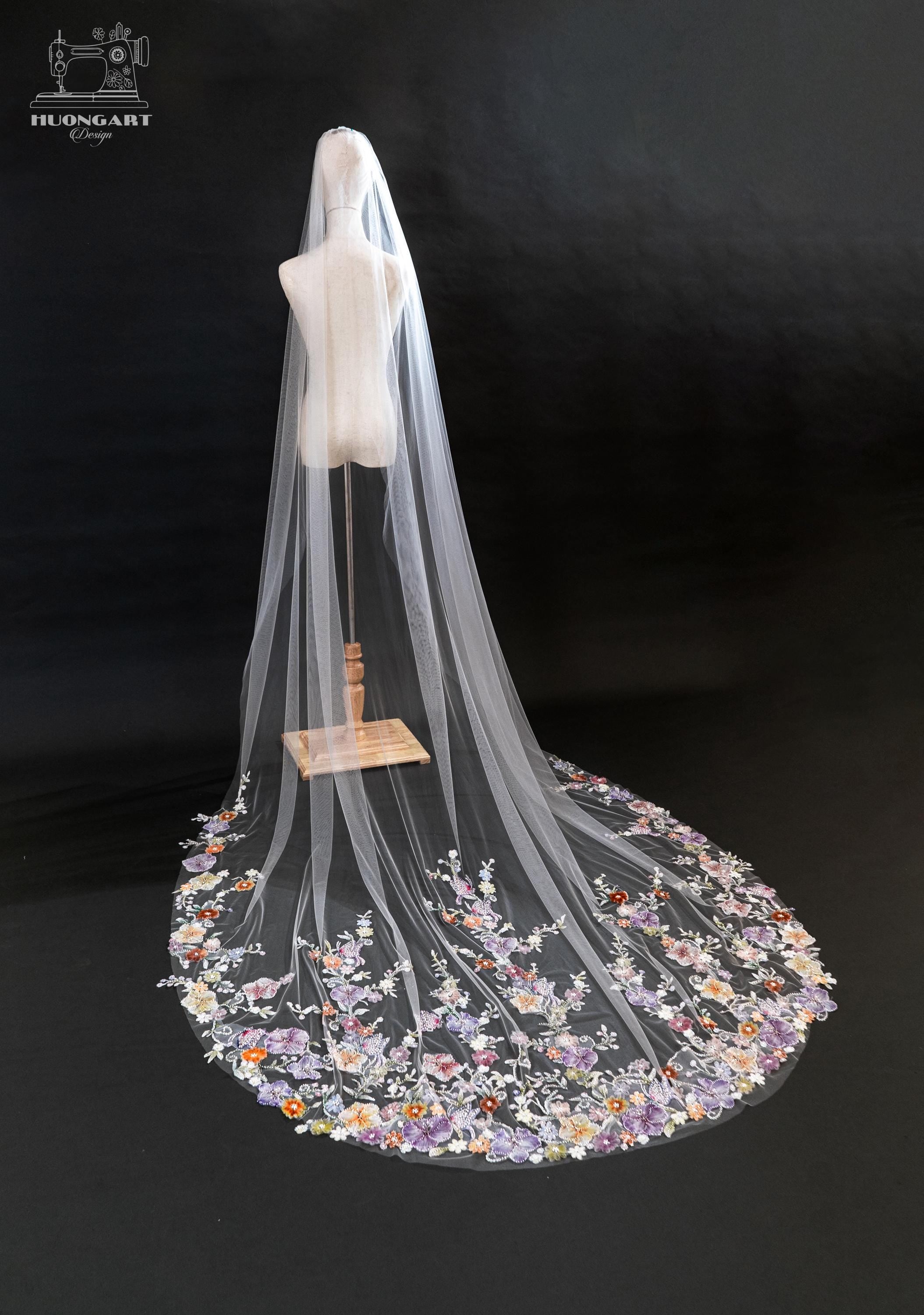 Colorful Sequin Floral Wedding Veil – Purple Botanical Cathedral