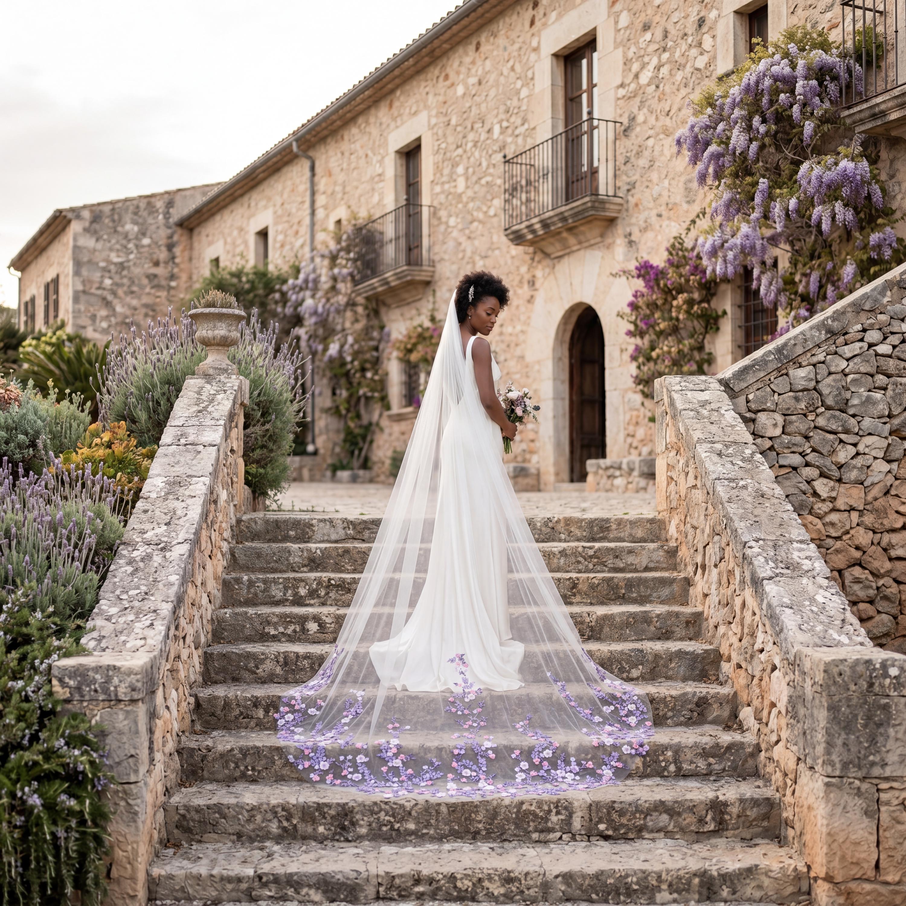 Beaded 3D Fabric Flower Bridal Veil | Lavender Floral Cathedral