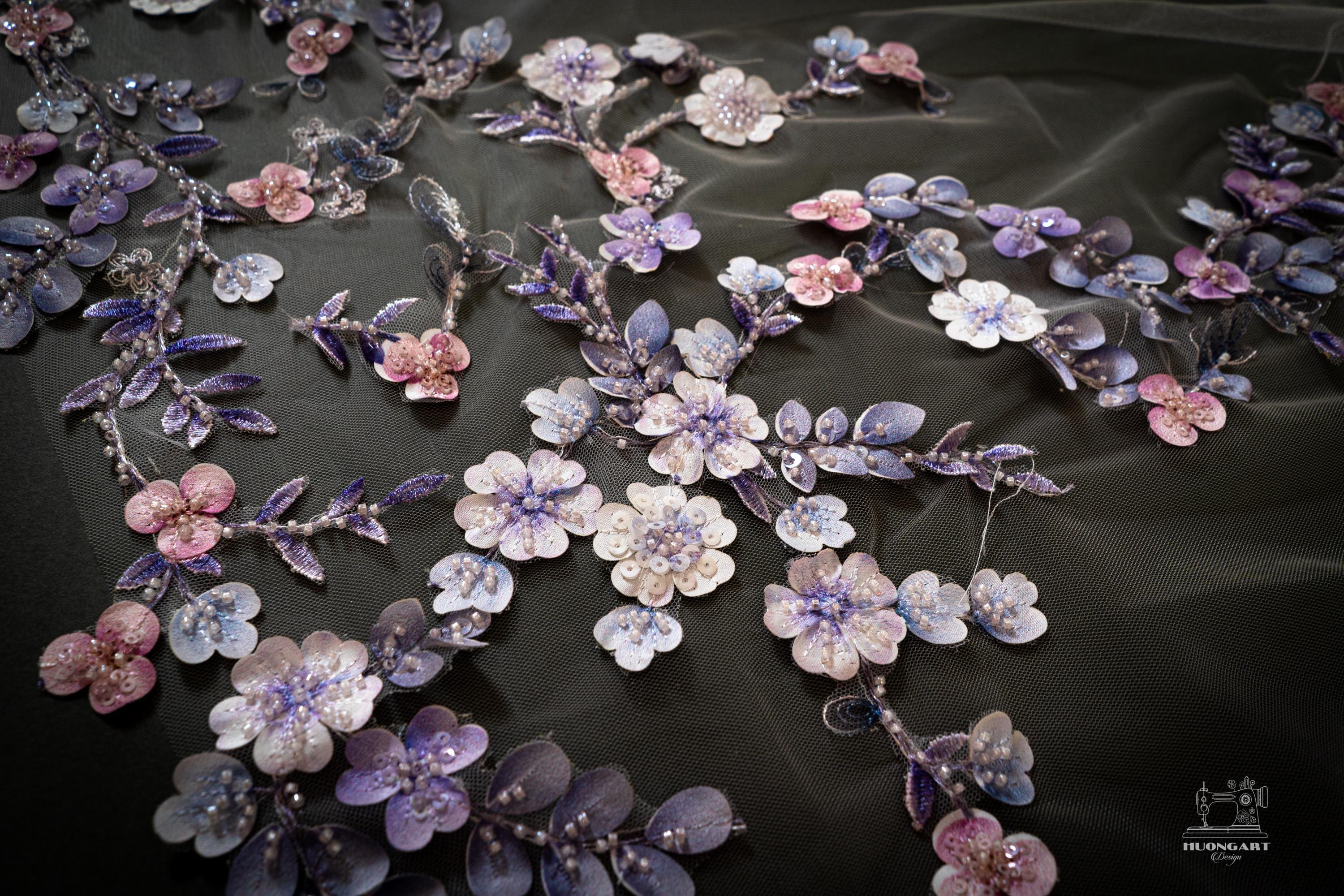 Beaded 3D Fabric Flower Bridal Veil | Lavender Floral Cathedral