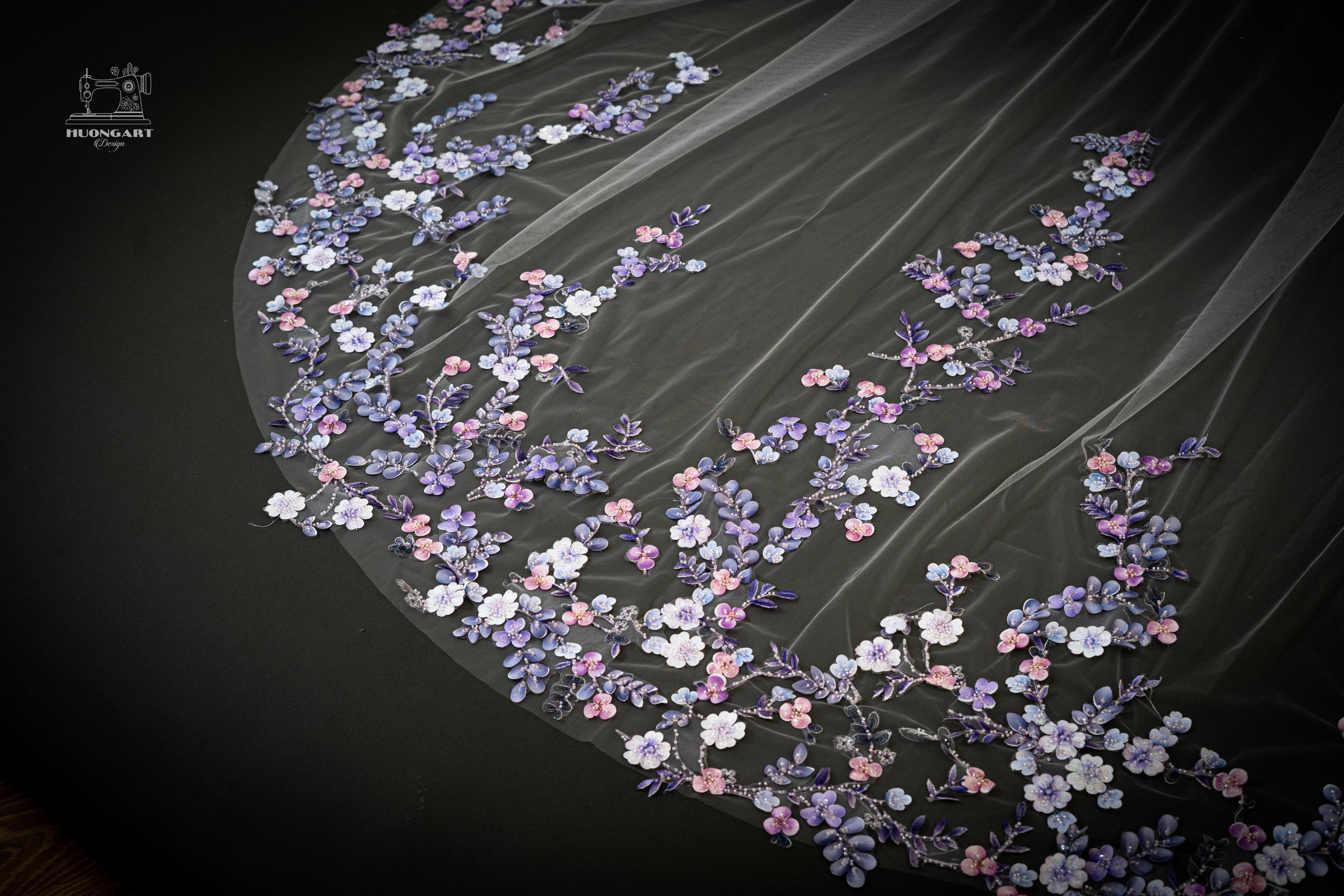Beaded 3D Fabric Flower Bridal Veil | Lavender Floral Cathedral